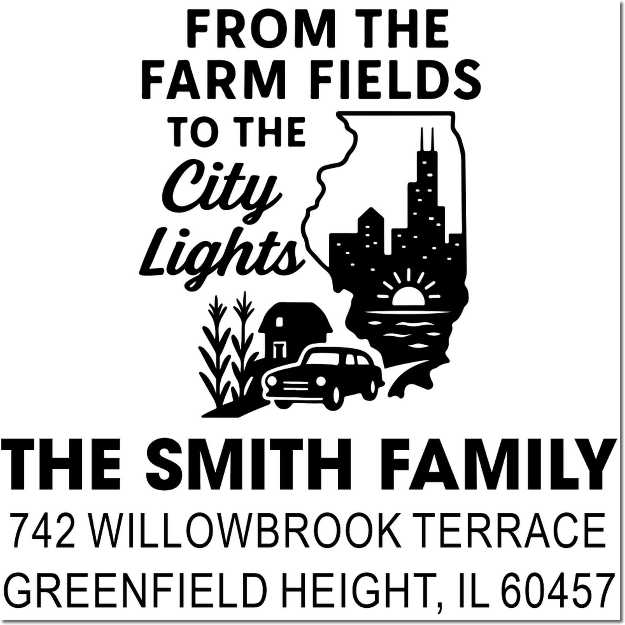 Custom Illinois return address rubber stamp for The Smith Family, with farm-to-city skyline design and Greenfield Height, IL address.