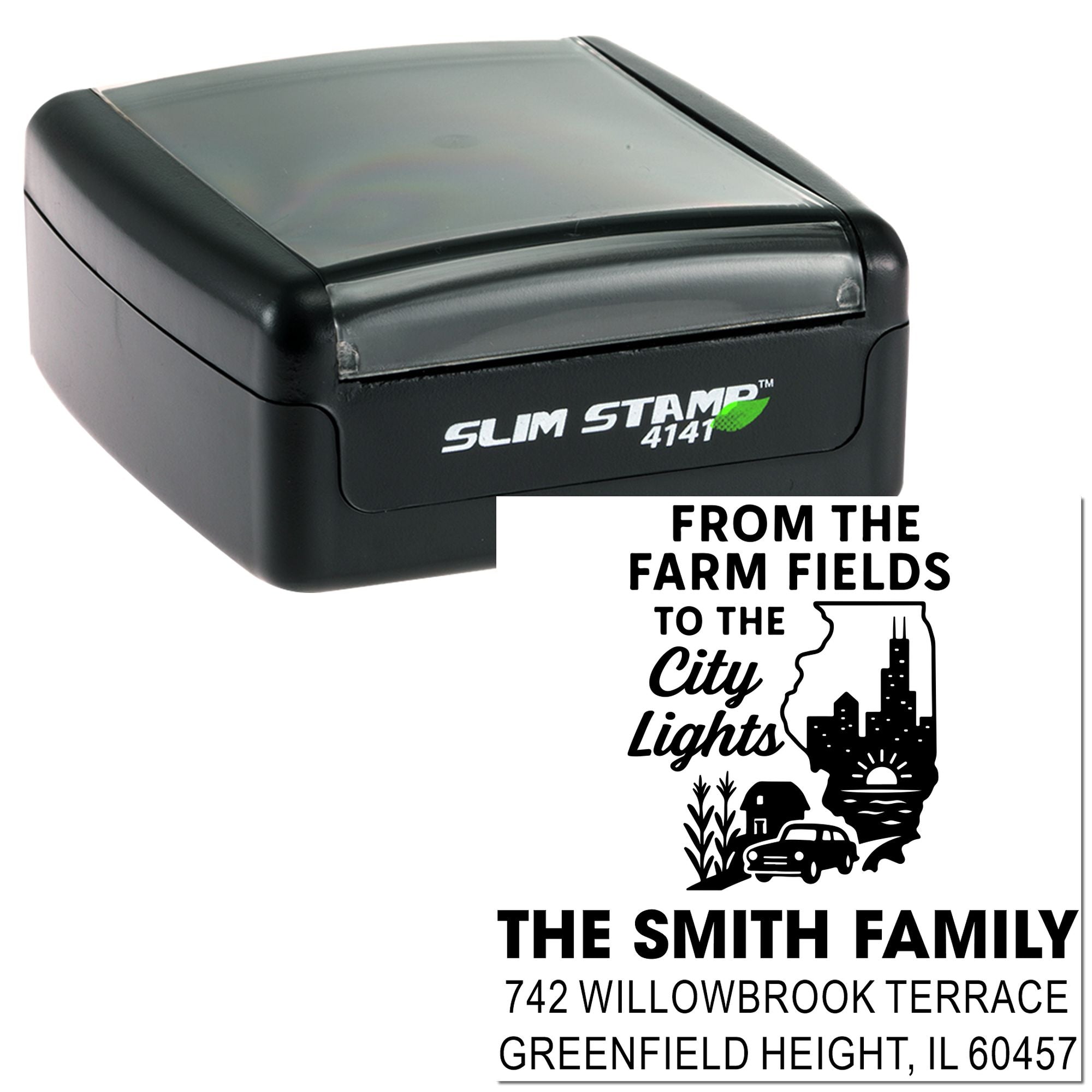 Custom Slim Stamp 4141 self-inking rubber stamp with farm-to-city family return address design.