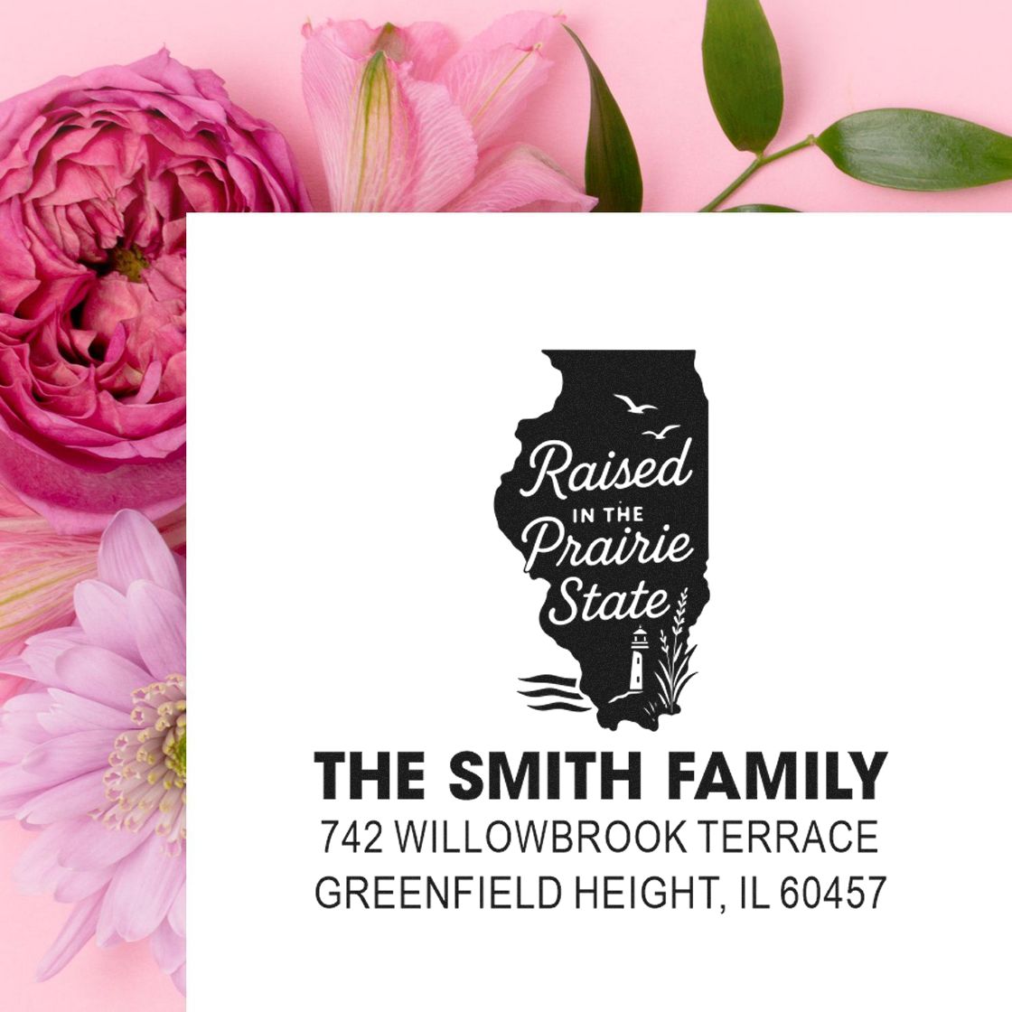 Custom Illinois family return address rubber stamp for The Smith Family, with "Raised in the Prairie State" design.