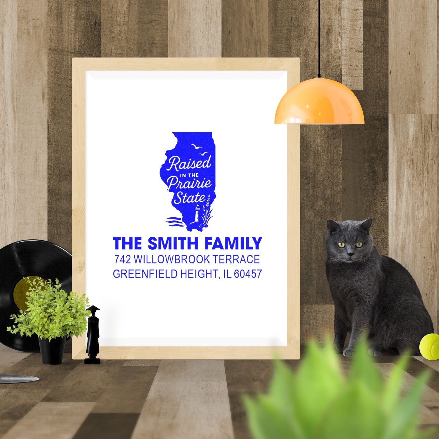 Custom Illinois return address rubber stamp for The Smith Family, featuring Raised in the Prairie State and a full address.