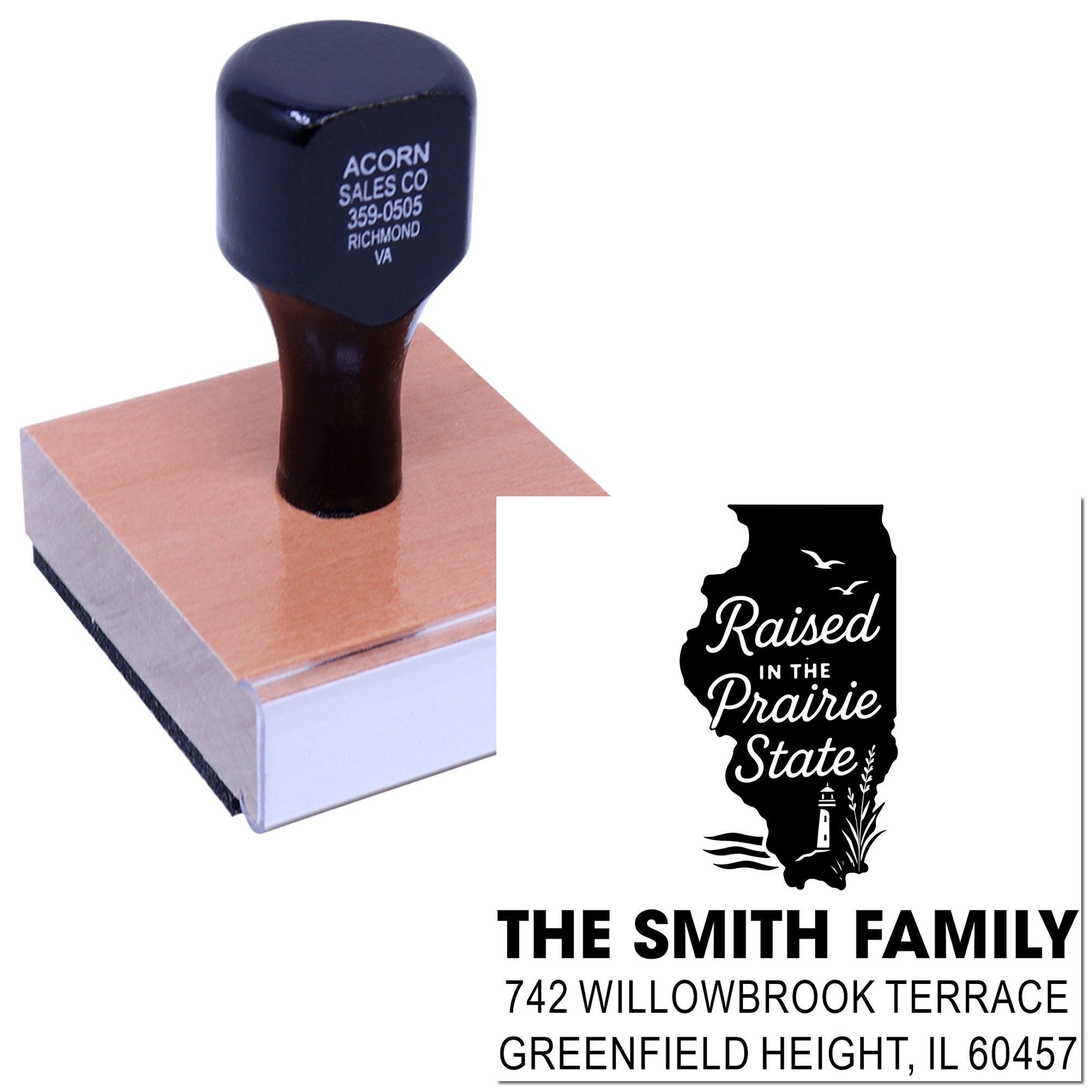 Custom Illinois return address rubber stamp with Raised in the Prairie State design for The Smith Family, Greenfield Height, IL.