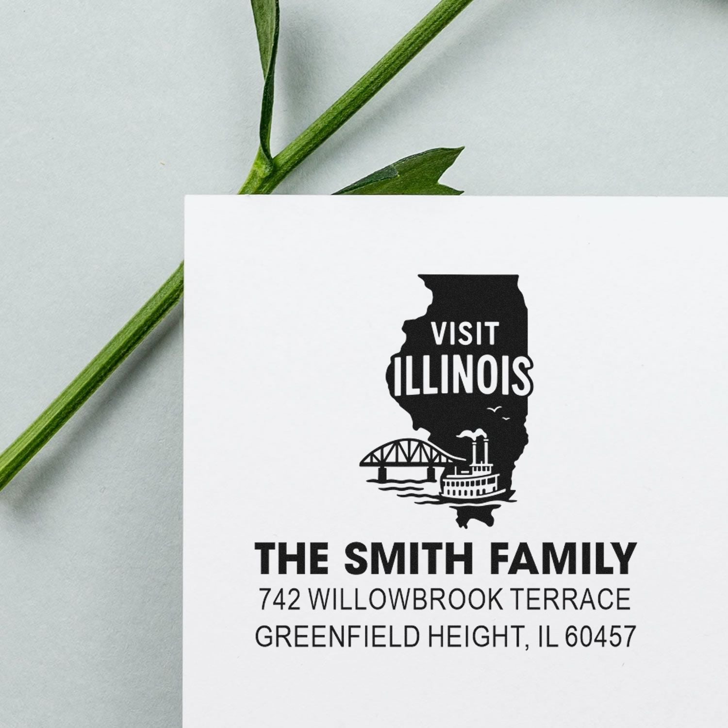 Custom return address rubber stamp featuring Illinois outline, Visit Illinois graphic, and The Smith Family address.