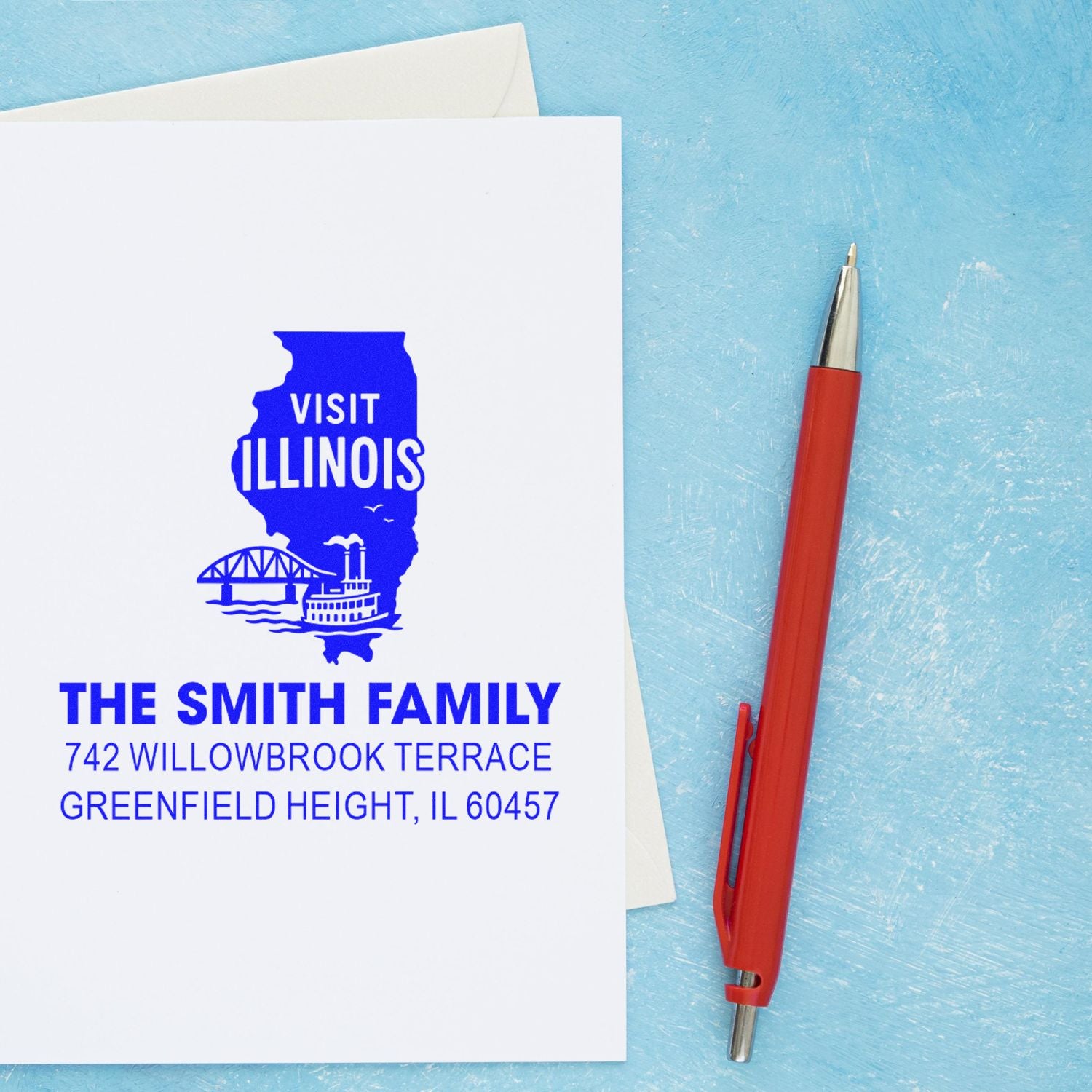 Personalized return address rubber stamp with Illinois travel design for The Smith Family, Greenfield Height, IL.
