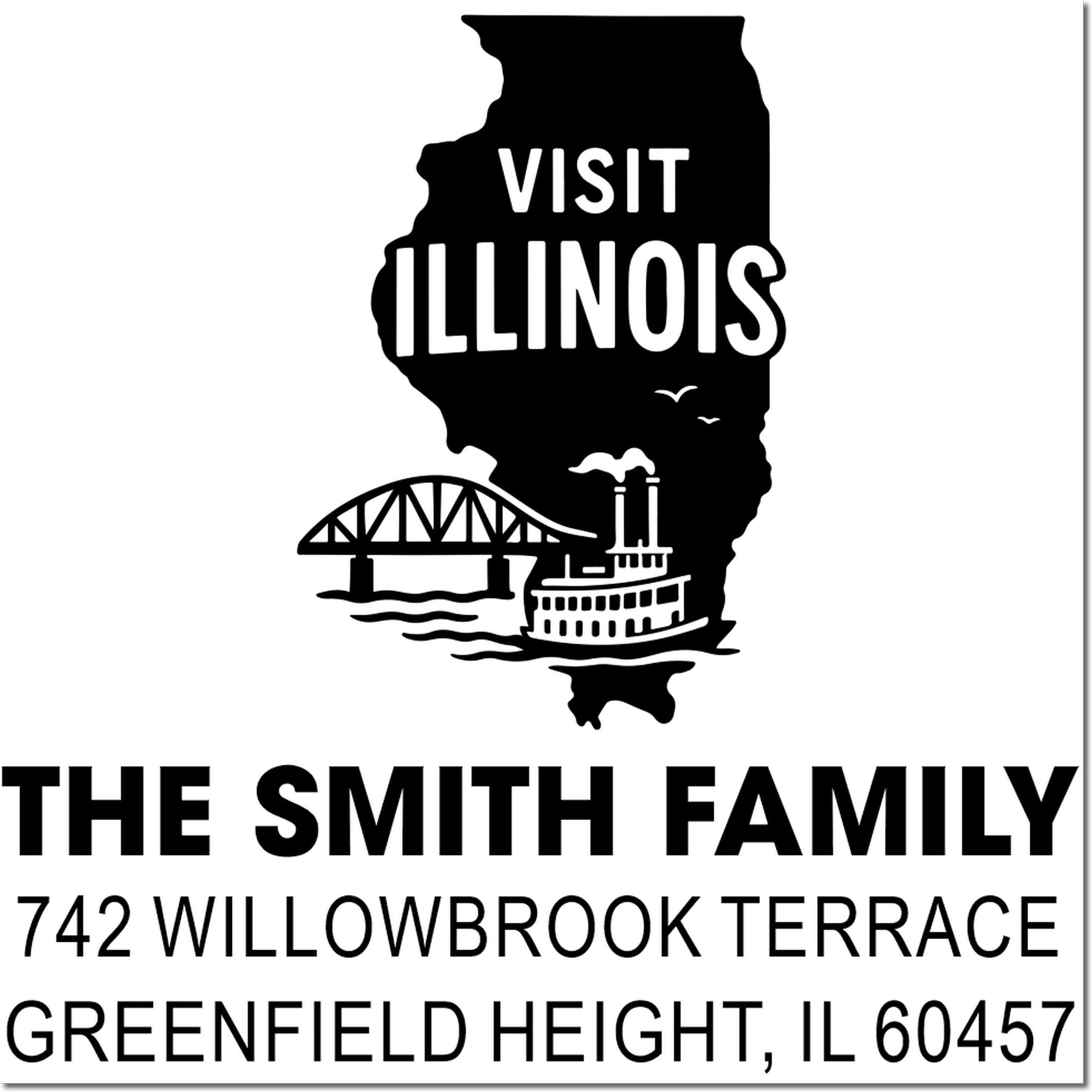 Custom Visit Illinois return address stamp with bridge and steamboat, personalized for The Smith Family in Greenfield Height, IL.