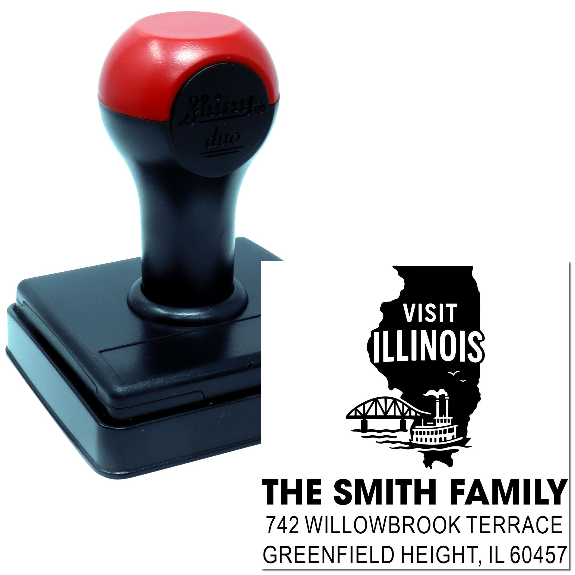 Custom self-inking rubber stamp with Visit Illinois return address design for The Smith Family, ideal for envelopes.