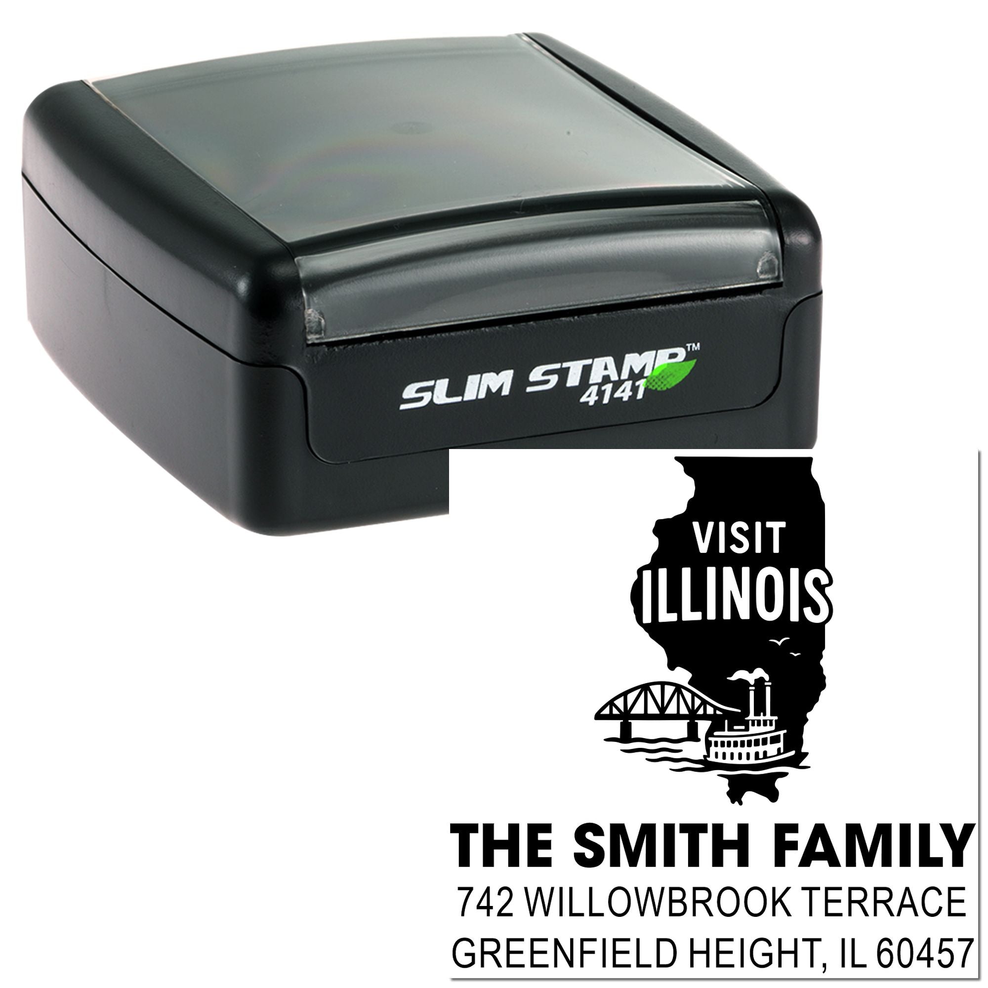 Custom self-inking rubber stamp with Illinois family address imprint and Visit Illinois design.