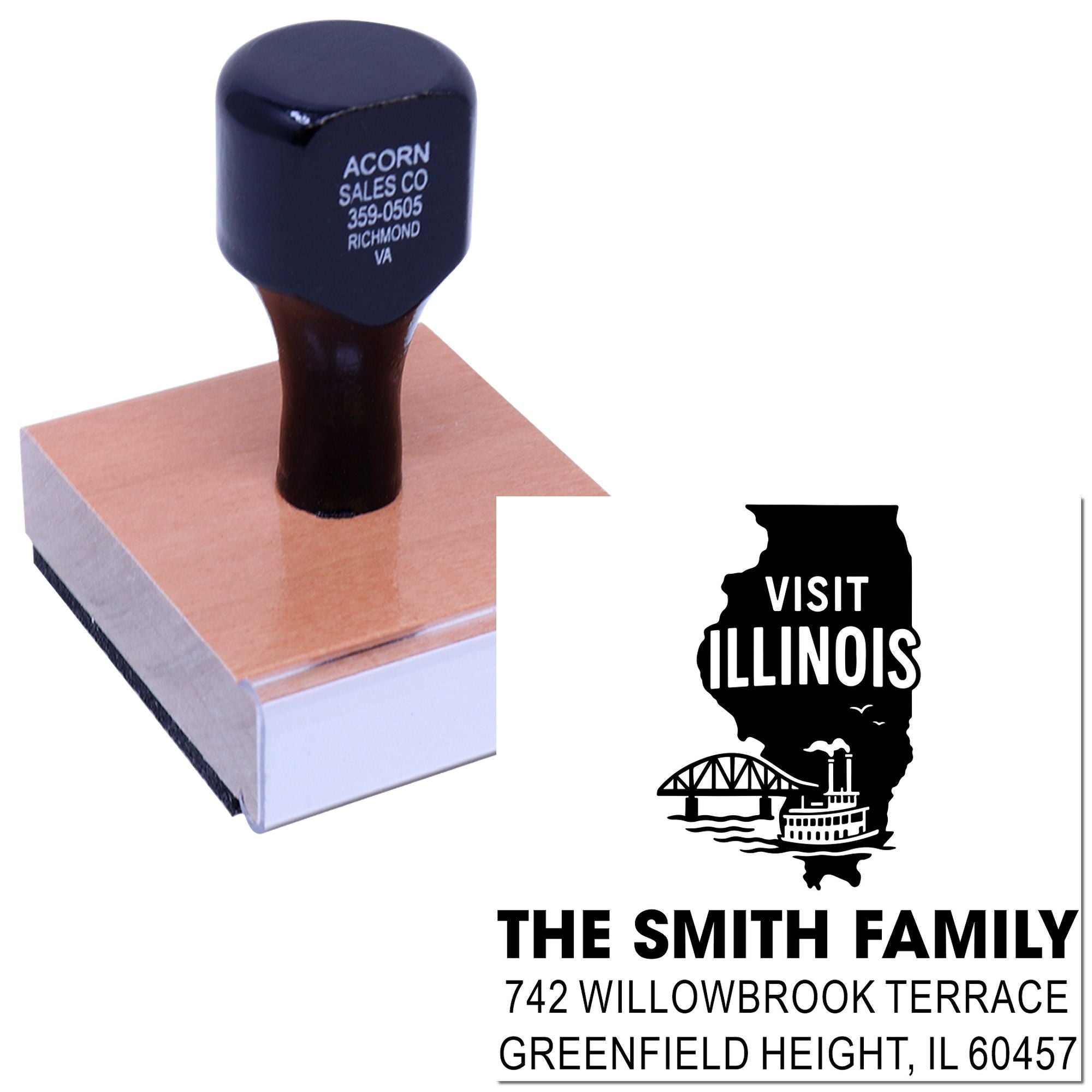 Personalized address rubber stamp with Visit Illinois family design for mailings, branding, and promotional use.