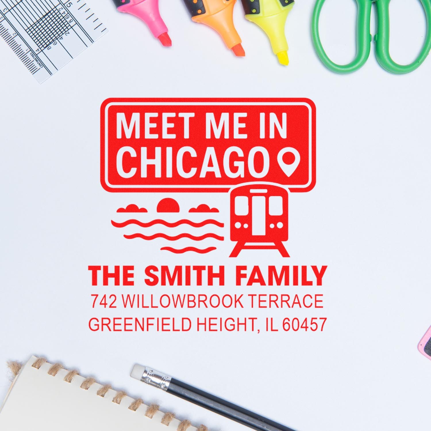 Personalized rubber stamp design reading Meet Me in Chicago with The Smith Family address.