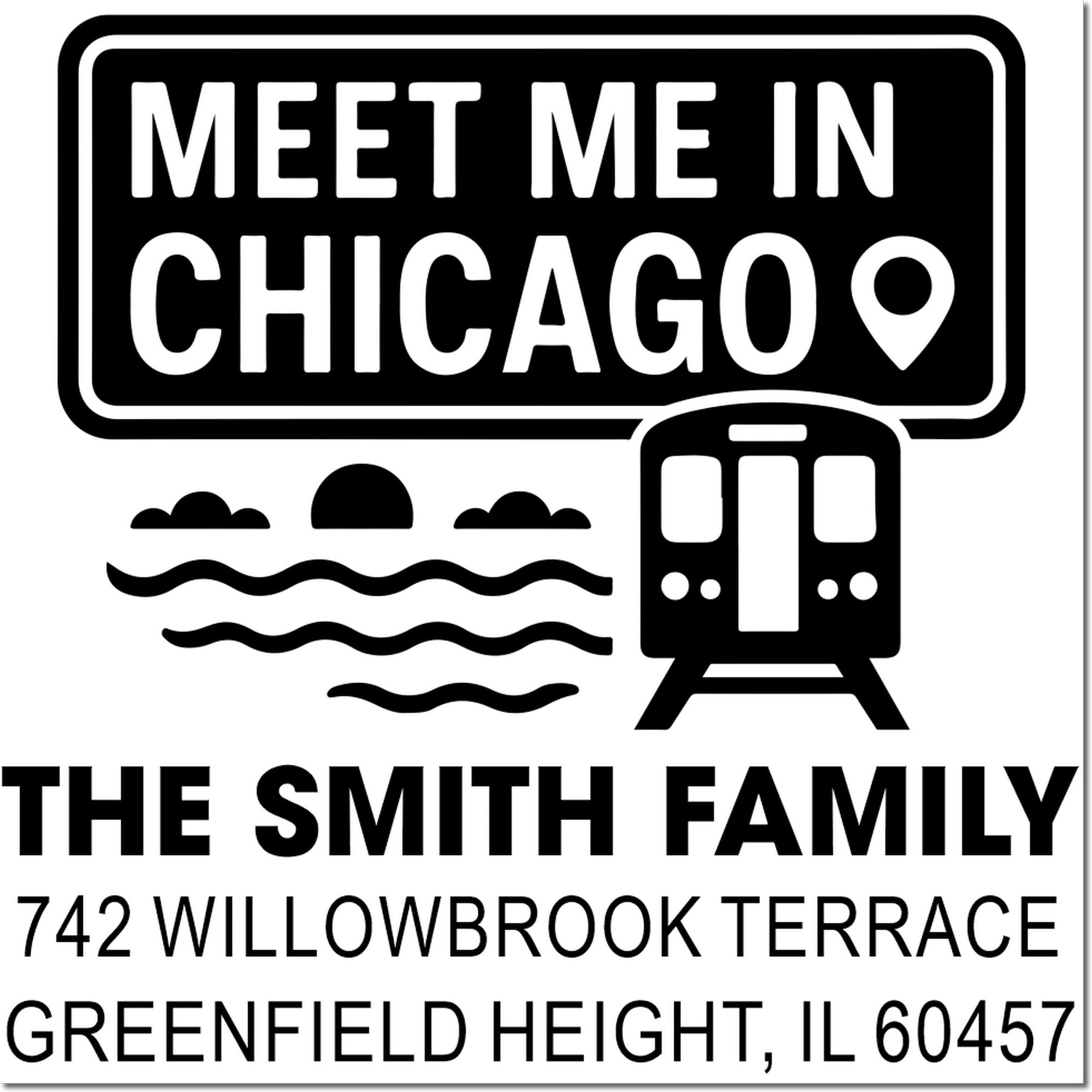 Meet Me in Chicago personalized return address rubber stamp with family name and Greenfield, IL address.