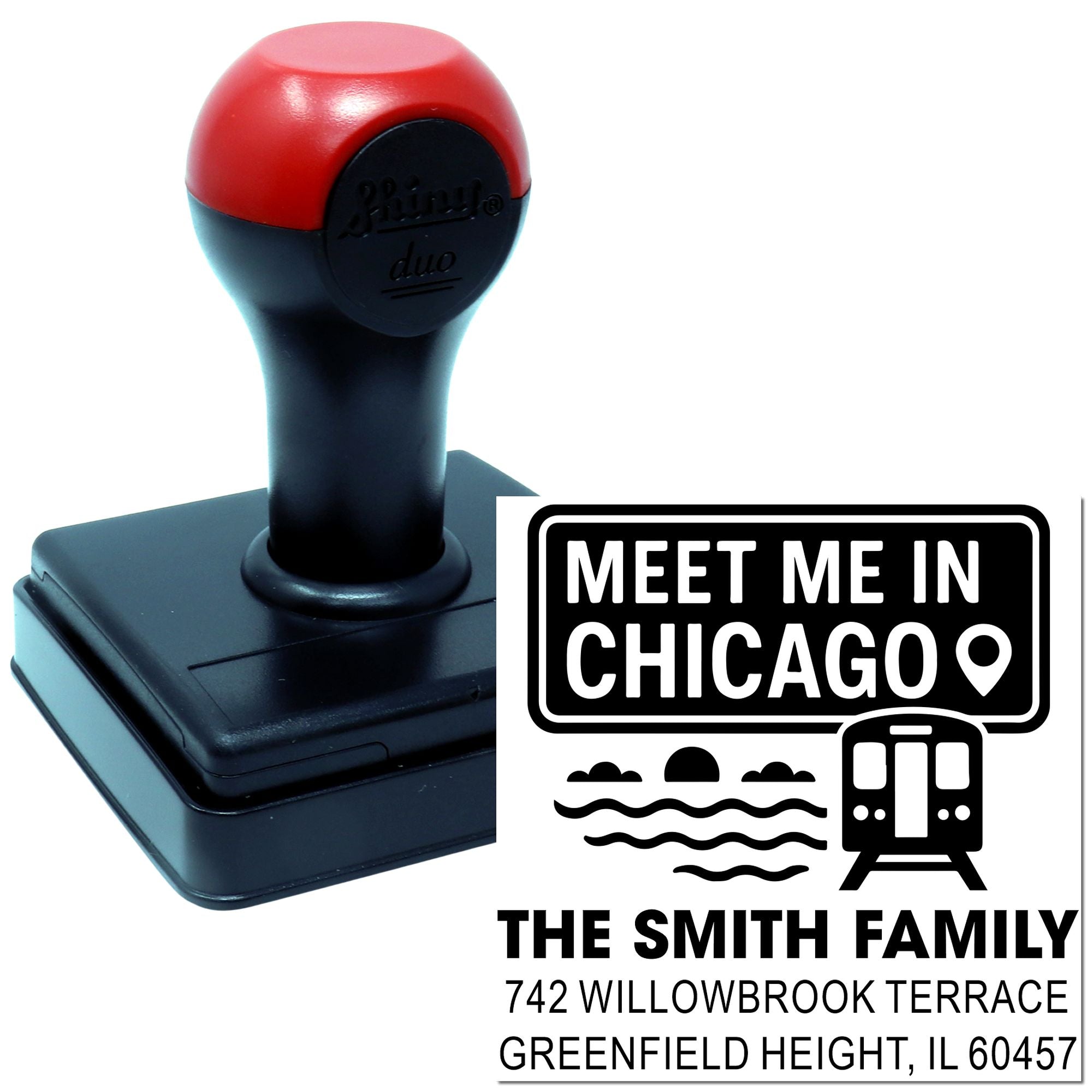 Custom self-inking rubber stamp for personalized address labels, shown with a Meet Me in Chicago family imprint.