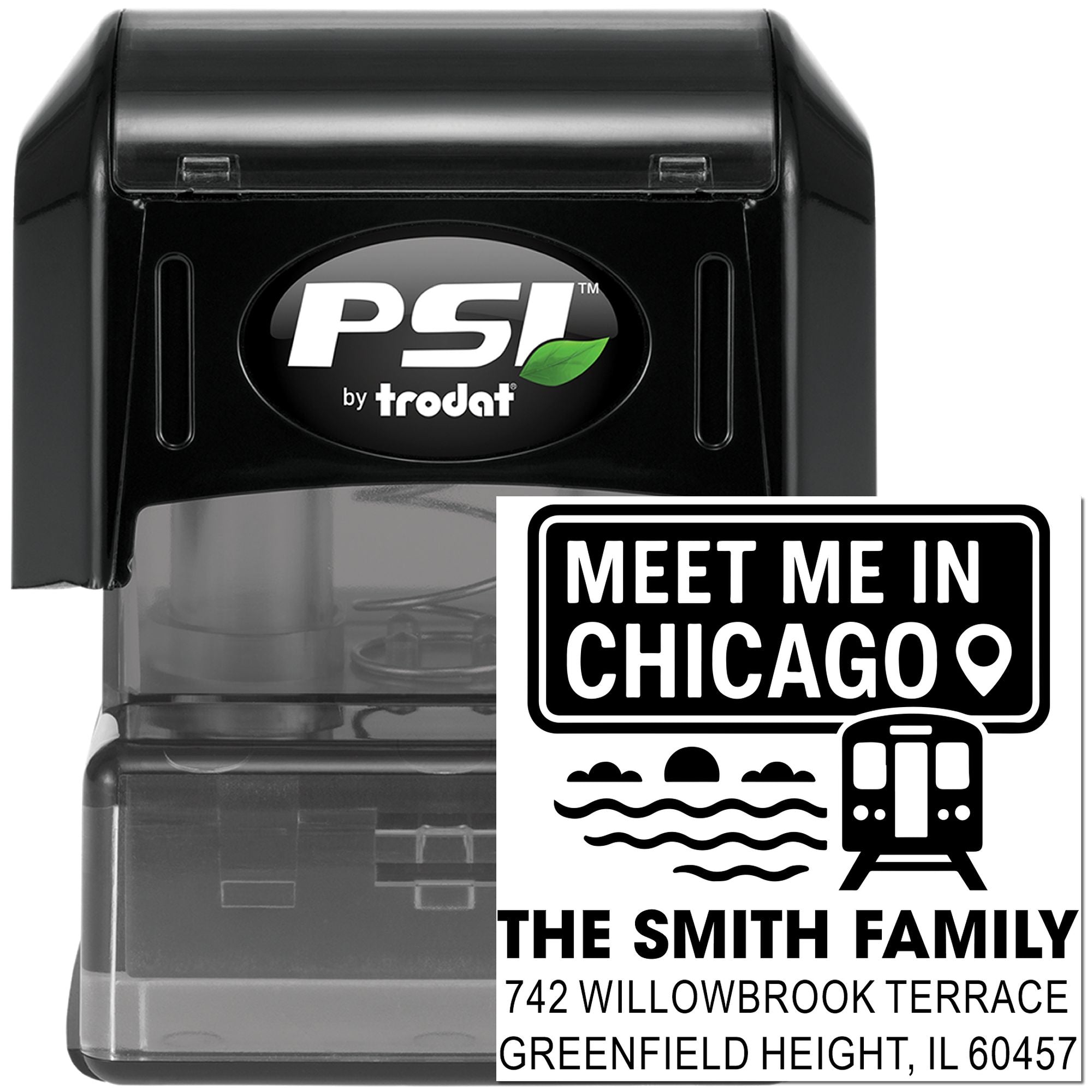 Custom self-inking rubber stamp for return address use, featuring Meet Me in Chicago and The Smith Family design.