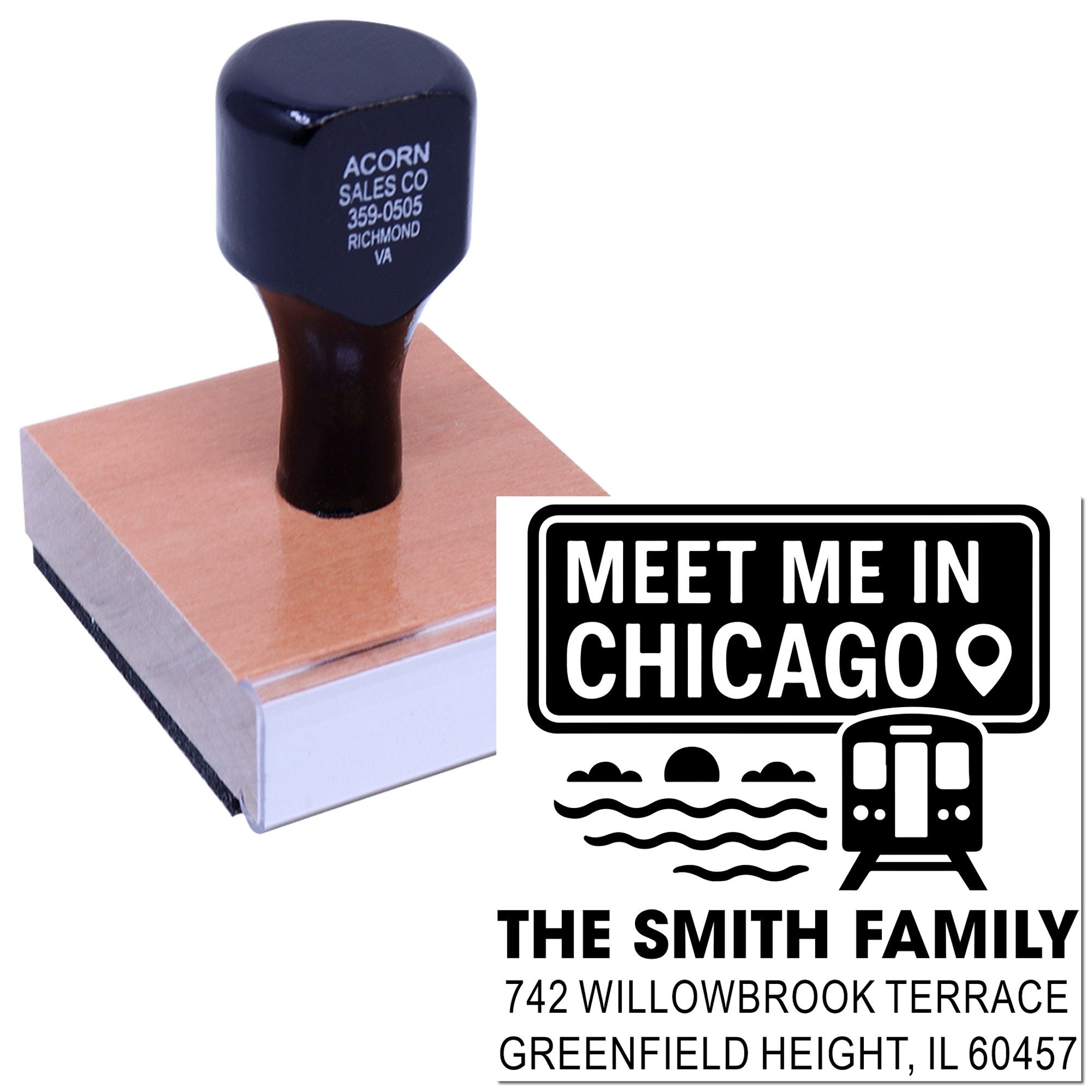 Personalized rubber stamp with Meet Me in Chicago design, family name, and return address for mailing.