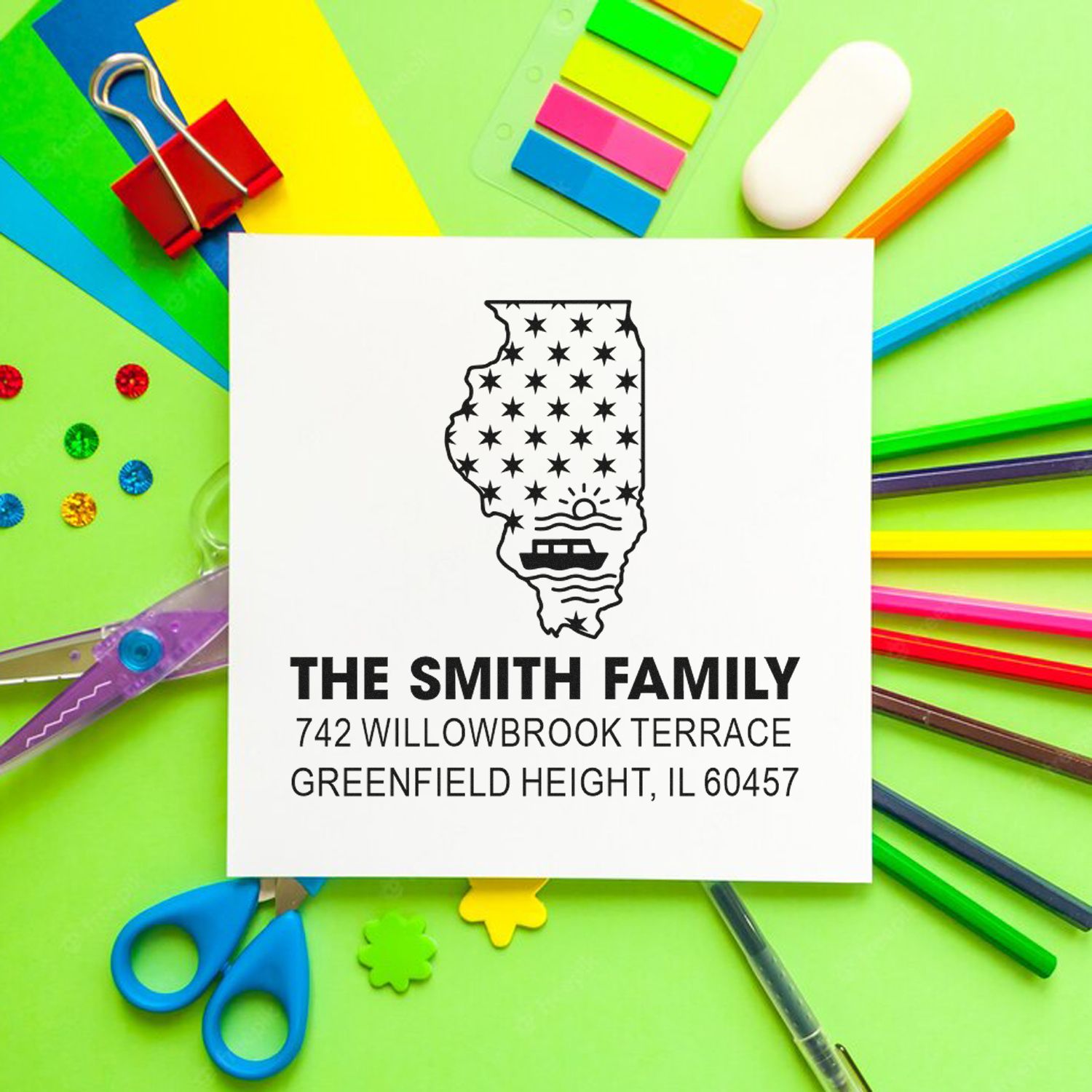 Custom return address rubber stamp with Illinois state design, perfect for family mailings and personalized stationery.