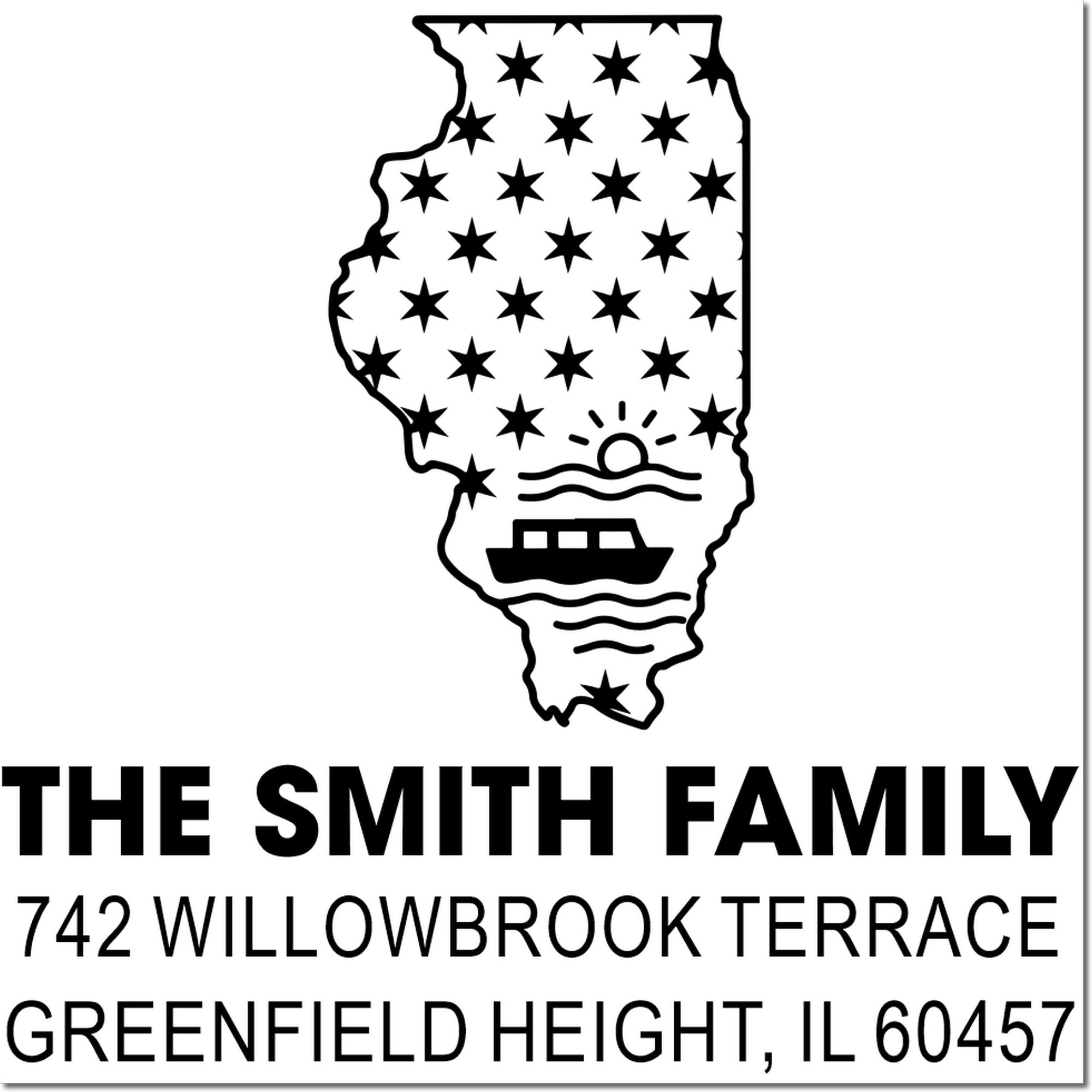 Illinois-themed custom return address rubber stamp for The Smith Family, 742 Willowbrook Terrace, Greenfield Height, IL 60457.