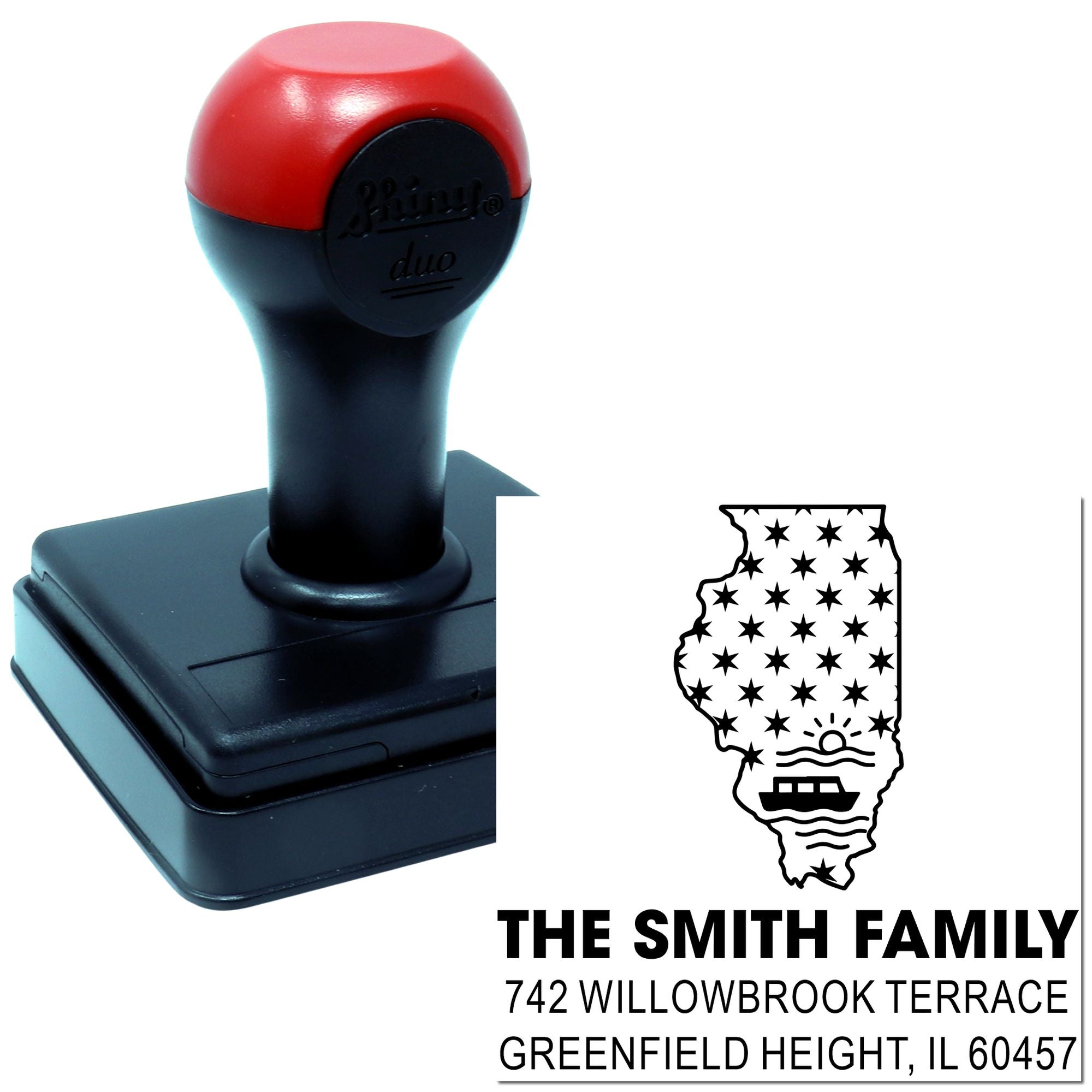 Custom self-inking rubber stamp for return addresses, featuring The Smith Family and Greenfield Height, IL 60457.
