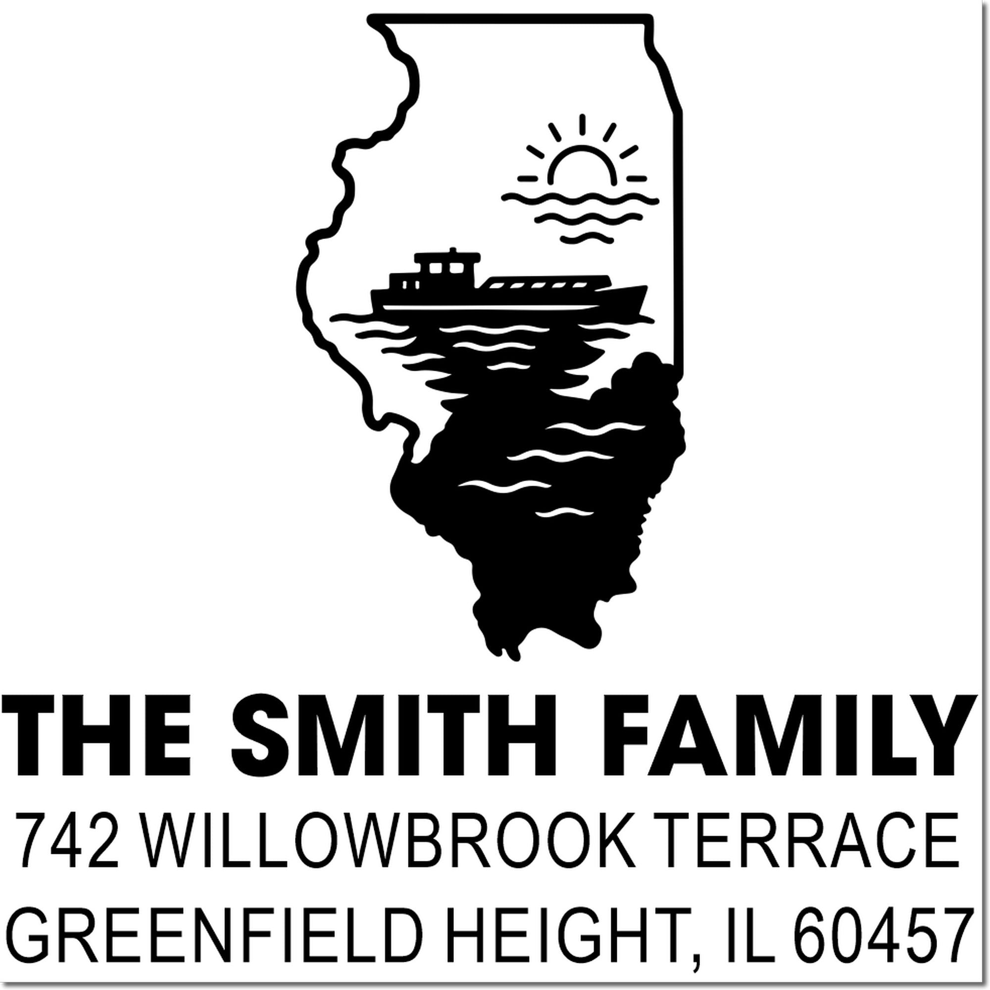 Personalized return address rubber stamp with Illinois boat sunset design for The Smith Family, Greenfield Heights, IL 60457.