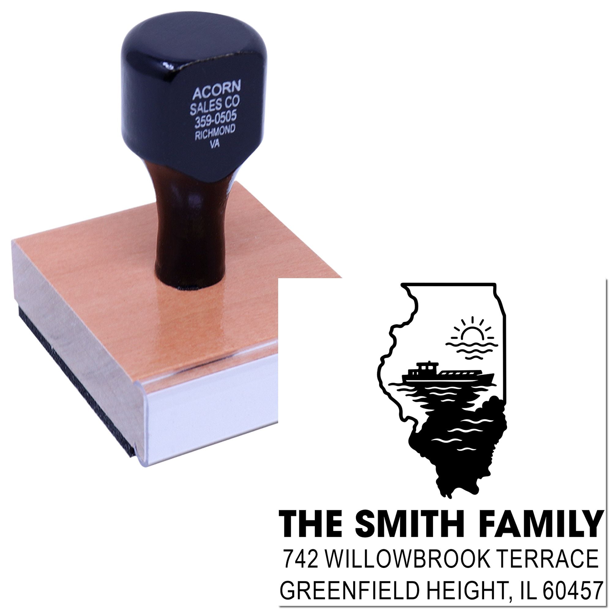 Personalized rubber address stamp with family name, Illinois address, and custom state outline design.