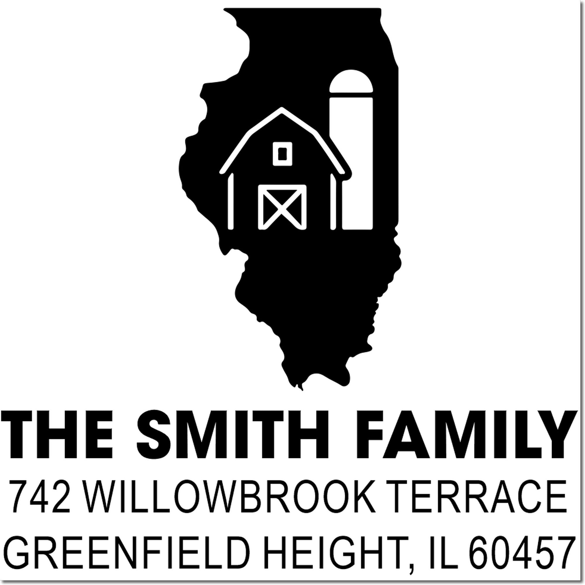 Illinois return address rubber stamp with barn icon: The Smith Family, 742 Willowbrook Terrace, Greenfield Heights, IL 60457.
