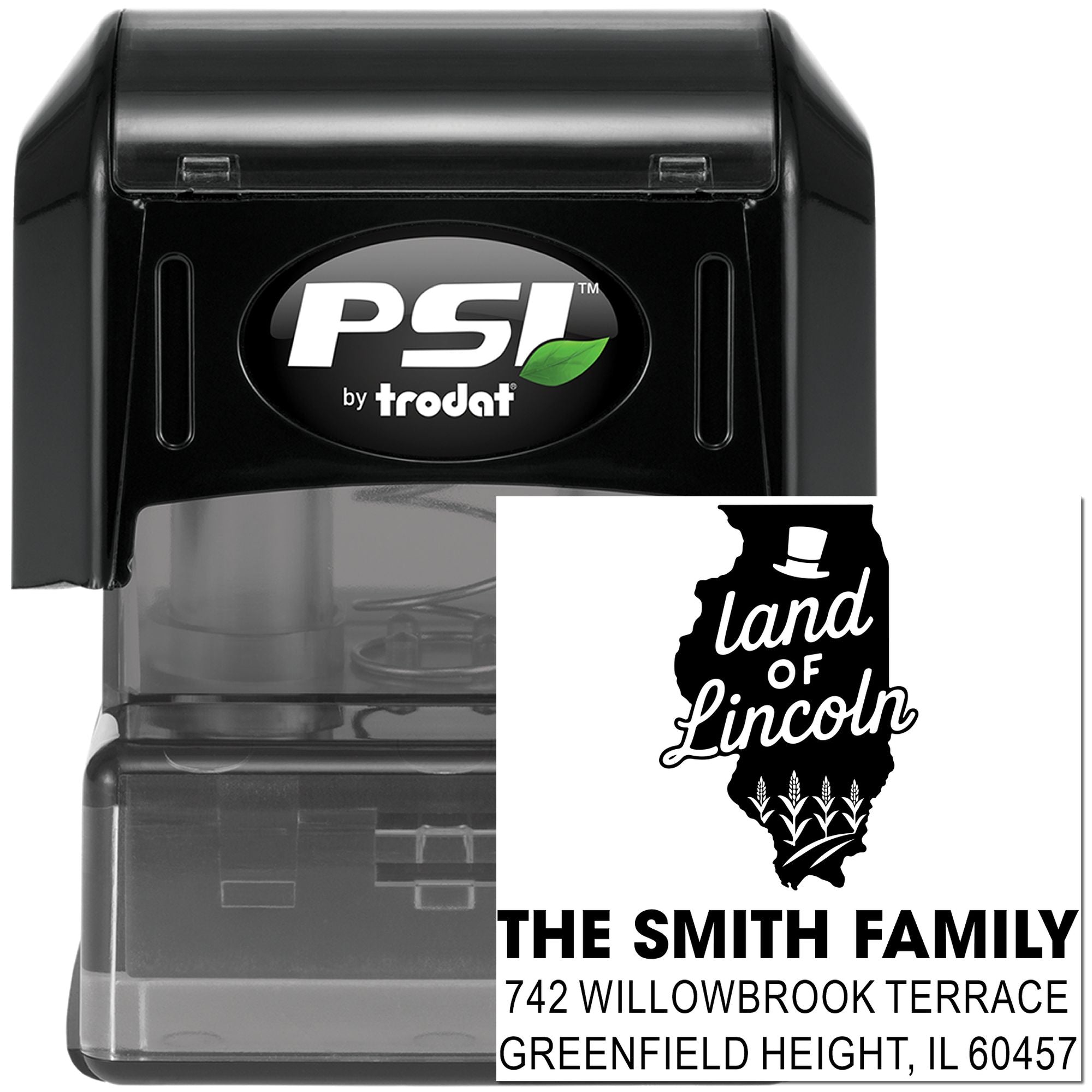 PSI by Trodat self-inking custom address stamp with Illinois Land of Lincoln design for personalized mailing.