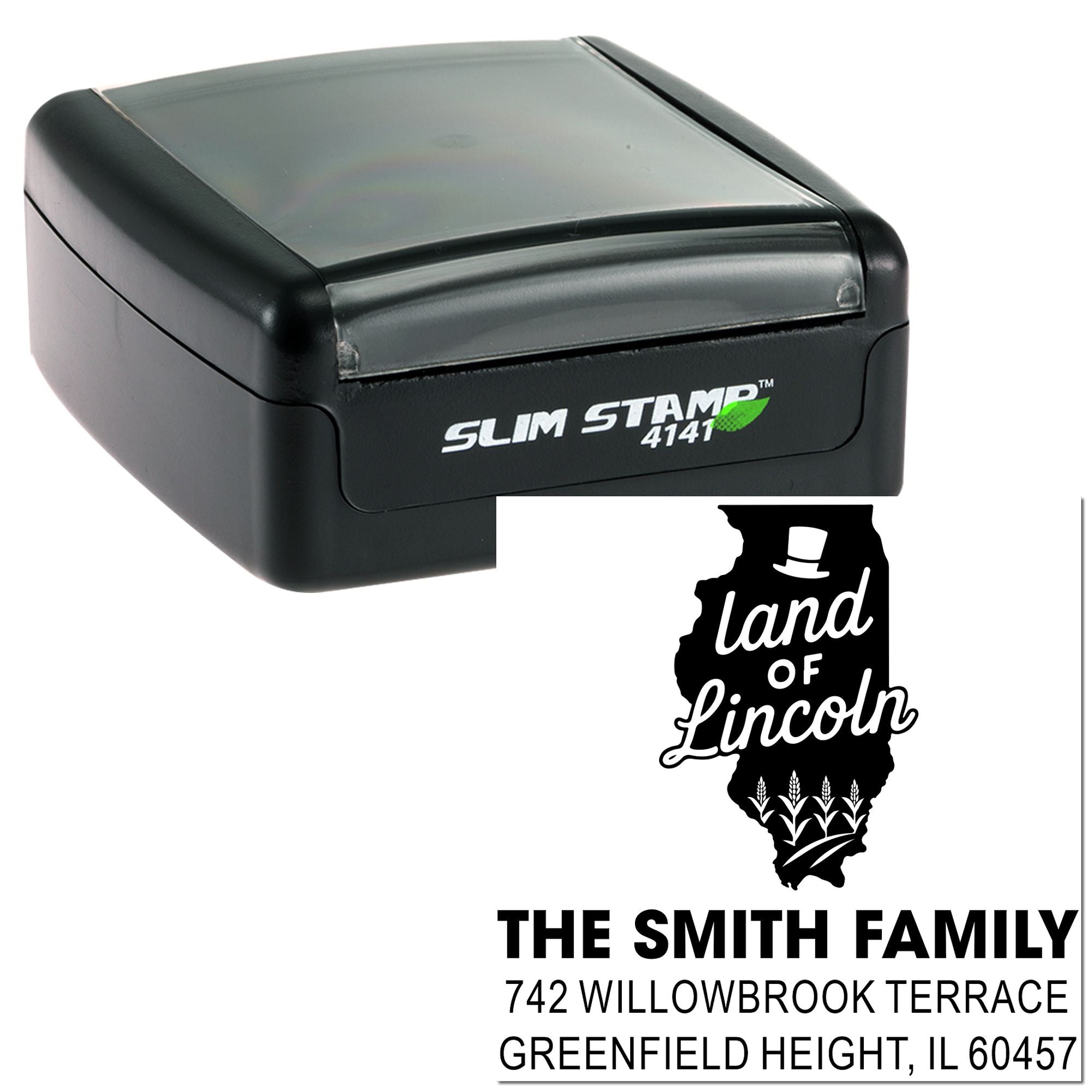 Custom self-inking Slim Stamp 4141 rubber stamp with Illinois state design and Smith family return address.