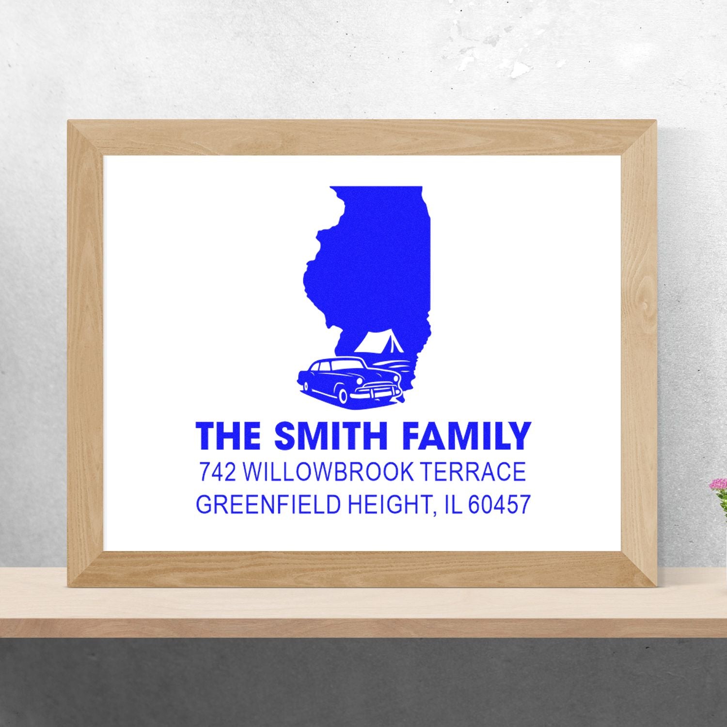 Personalized family address rubber stamp with Illinois silhouette for The Smith Family, featuring car and campsite graphic.