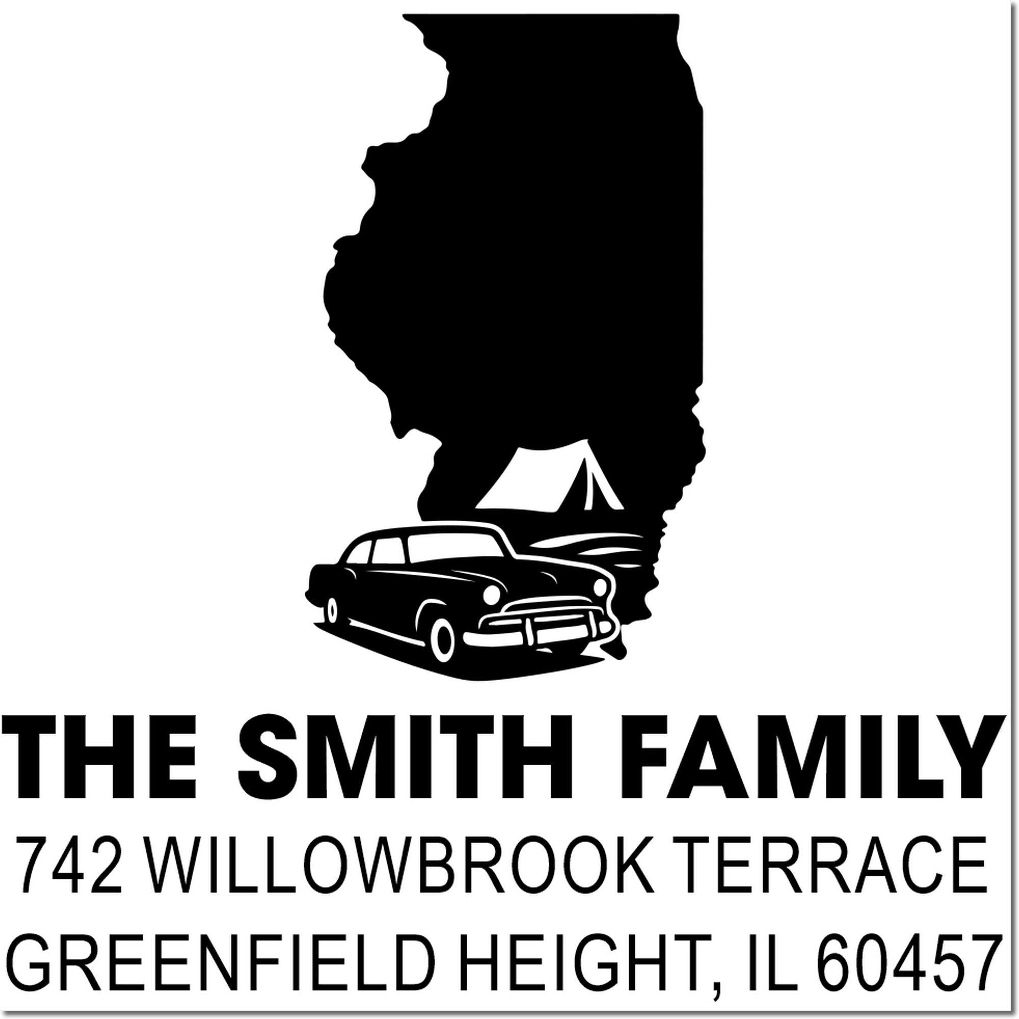 Custom Smith family return address rubber stamp with Illinois camping and classic car design.