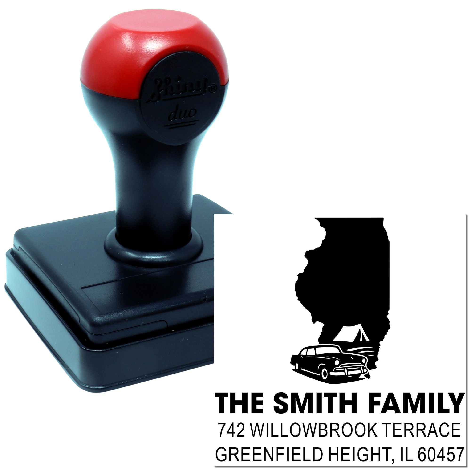 Custom self-inking rubber address stamp for envelopes, featuring Illinois silhouette, family name, and return address.