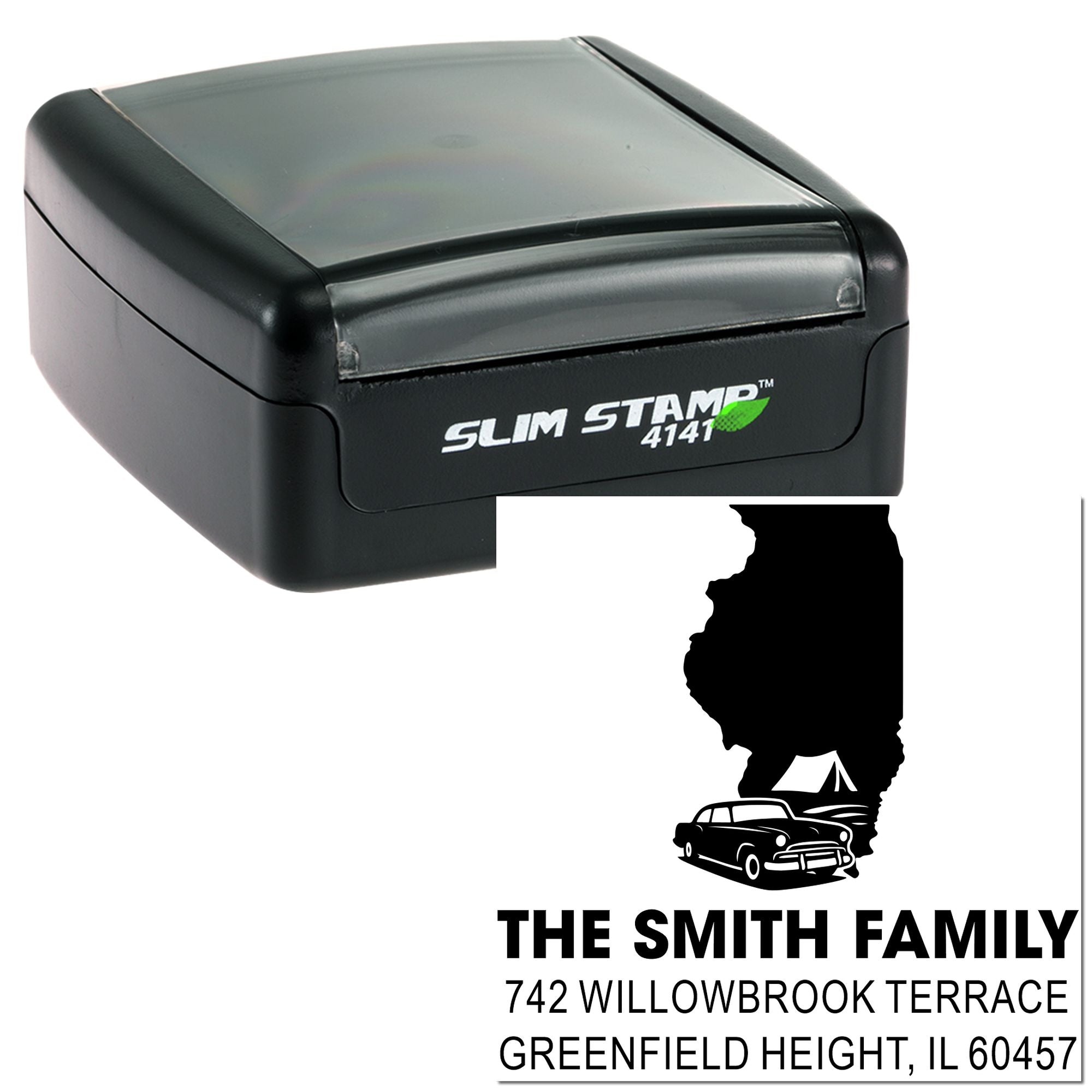 Slim Stamp 4141 personalized return address rubber stamp with Illinois family design and custom mailing address imprint.
