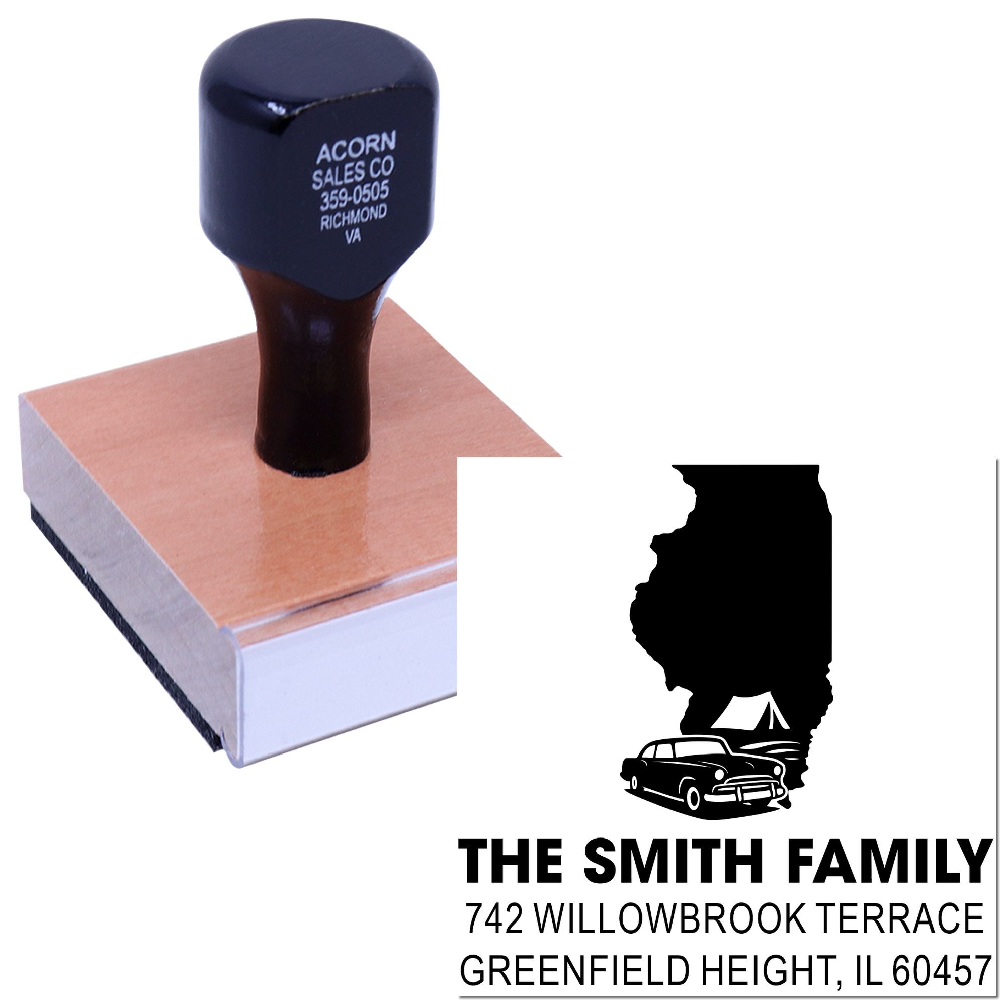 Custom rubber address stamp with Illinois design, ideal for personalized family mail, return addresses, and envelope stamping.
