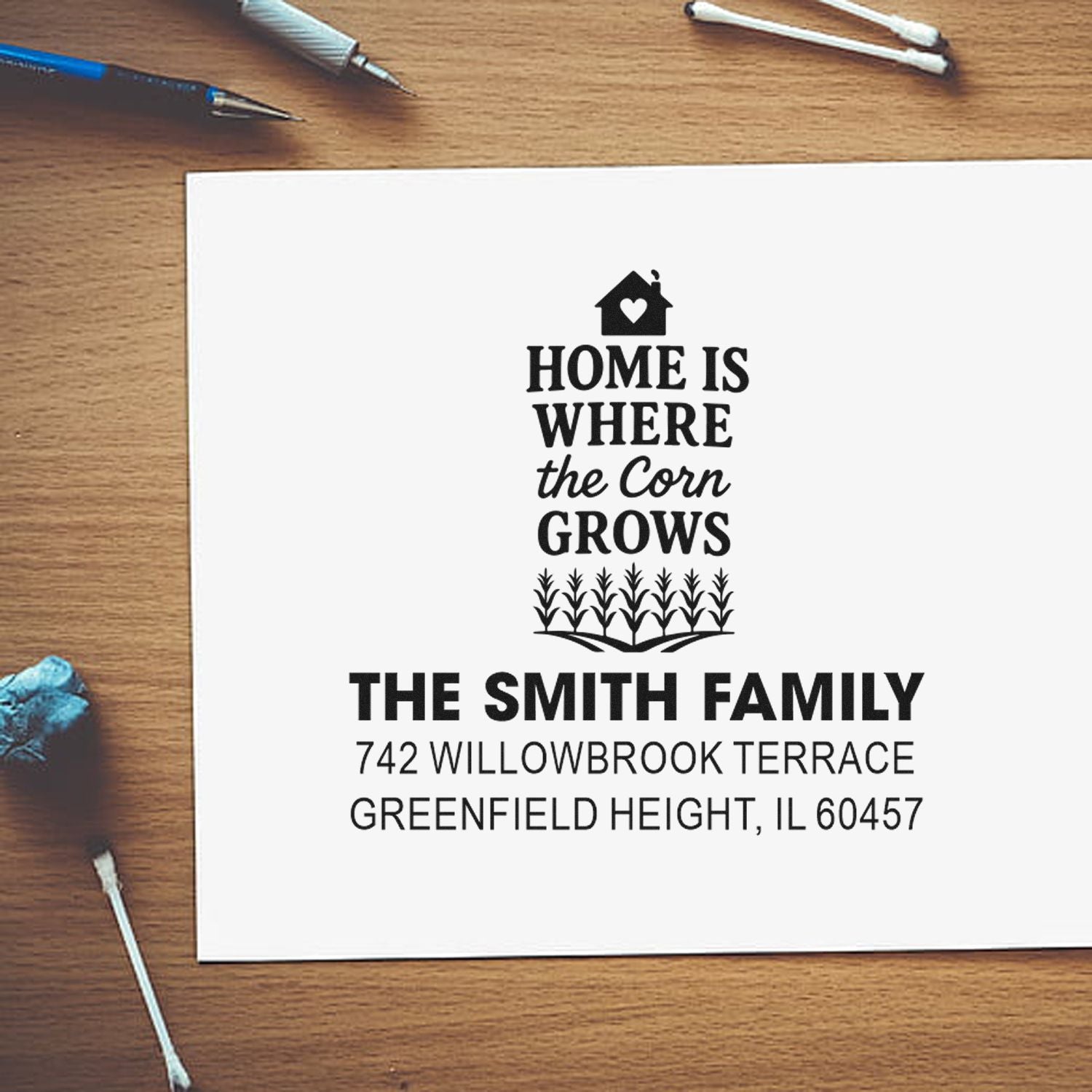 Custom return address rubber stamp with farmhouse Home Is Where the Corn Grows design for The Smith Family.