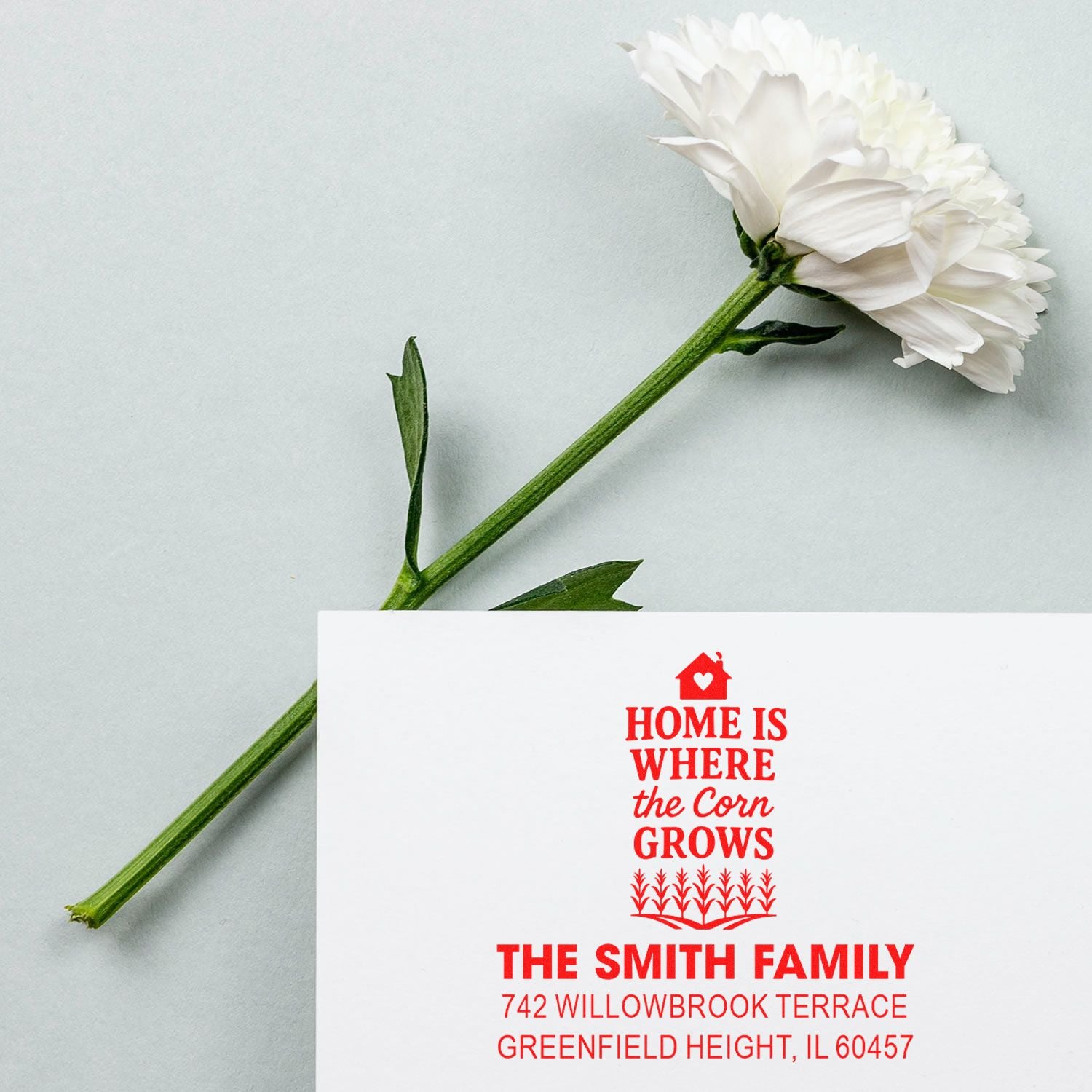 Custom return address rubber stamp for The Smith Family with Home Is Where the Corn Grows farmhouse design.