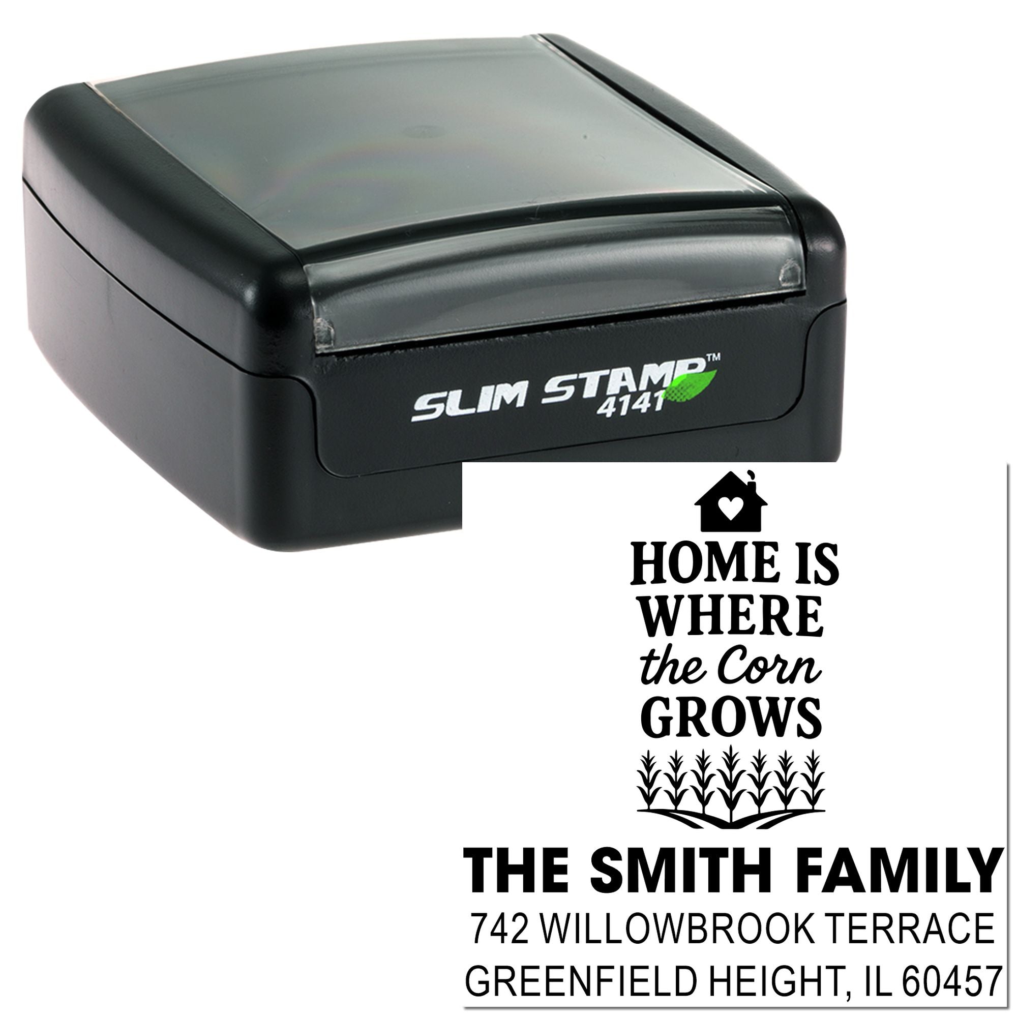 Custom self-inking rubber stamp with Home Is Where the Corn Grows farmhouse return address design for The Smith Family