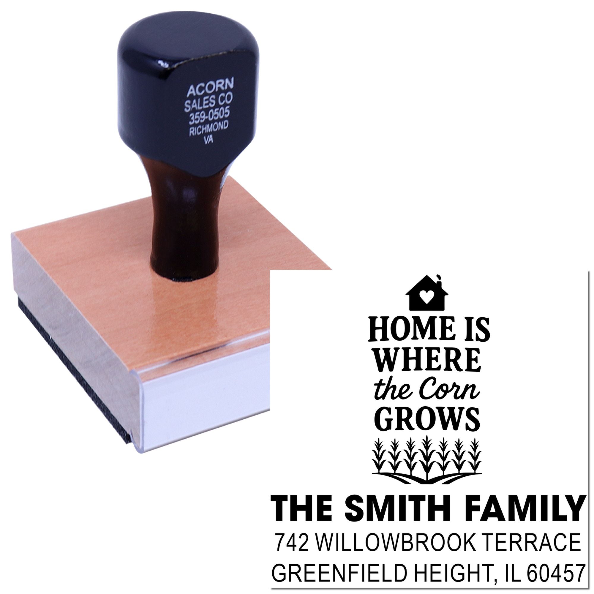 Wood-mounted custom rubber stamp with Home is where the corn grows design and personalized family name and address.