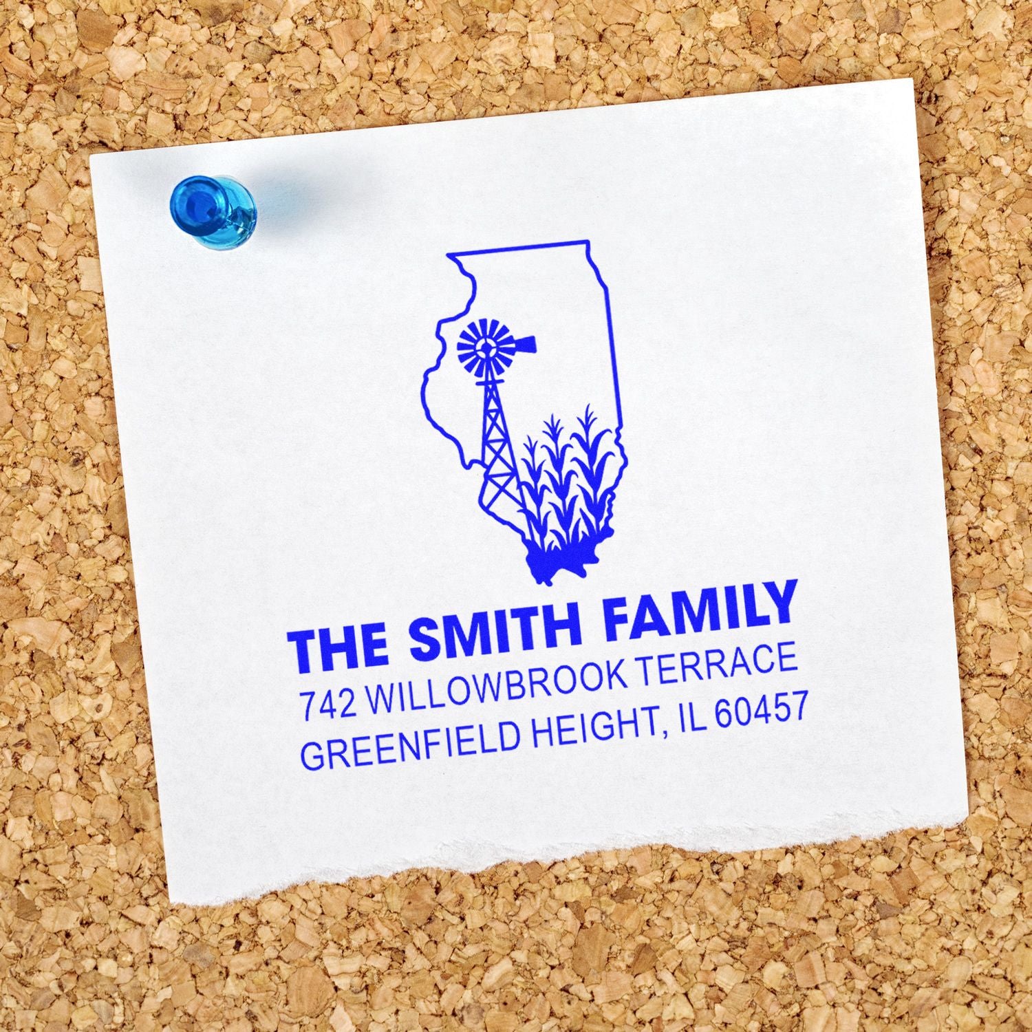 Personalized Illinois return address rubber stamp with windmill and corn design for The Smith Family.
