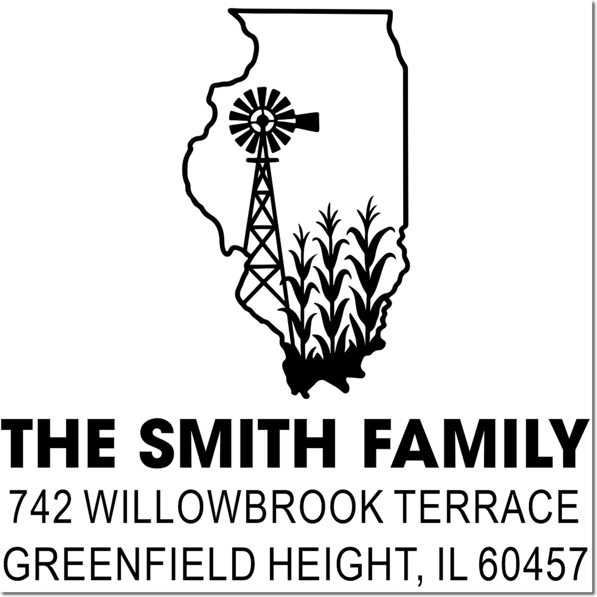 Custom Illinois return address rubber stamp for The Smith Family, Greenfield Heights, IL, with windmill and corn design.
