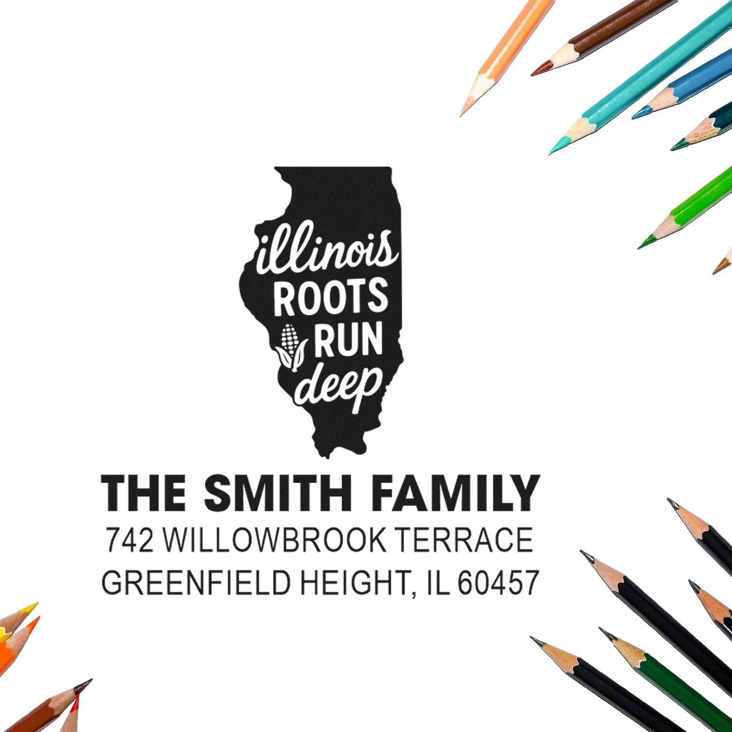 Custom Illinois roots return address rubber stamp for The Smith Family, personalized with name and Illinois address.