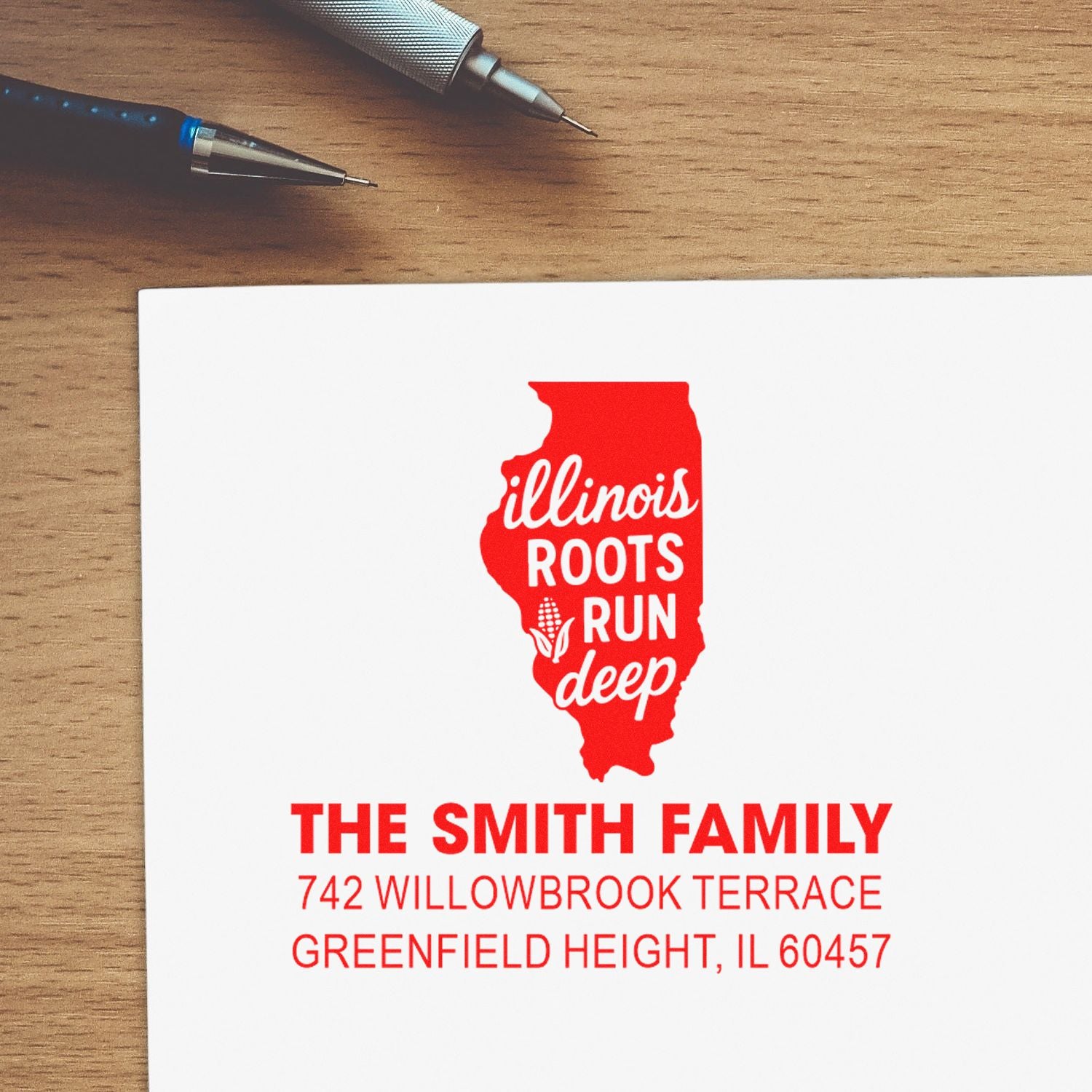 Custom Illinois return address rubber stamp for The Smith Family with state outline and home address.