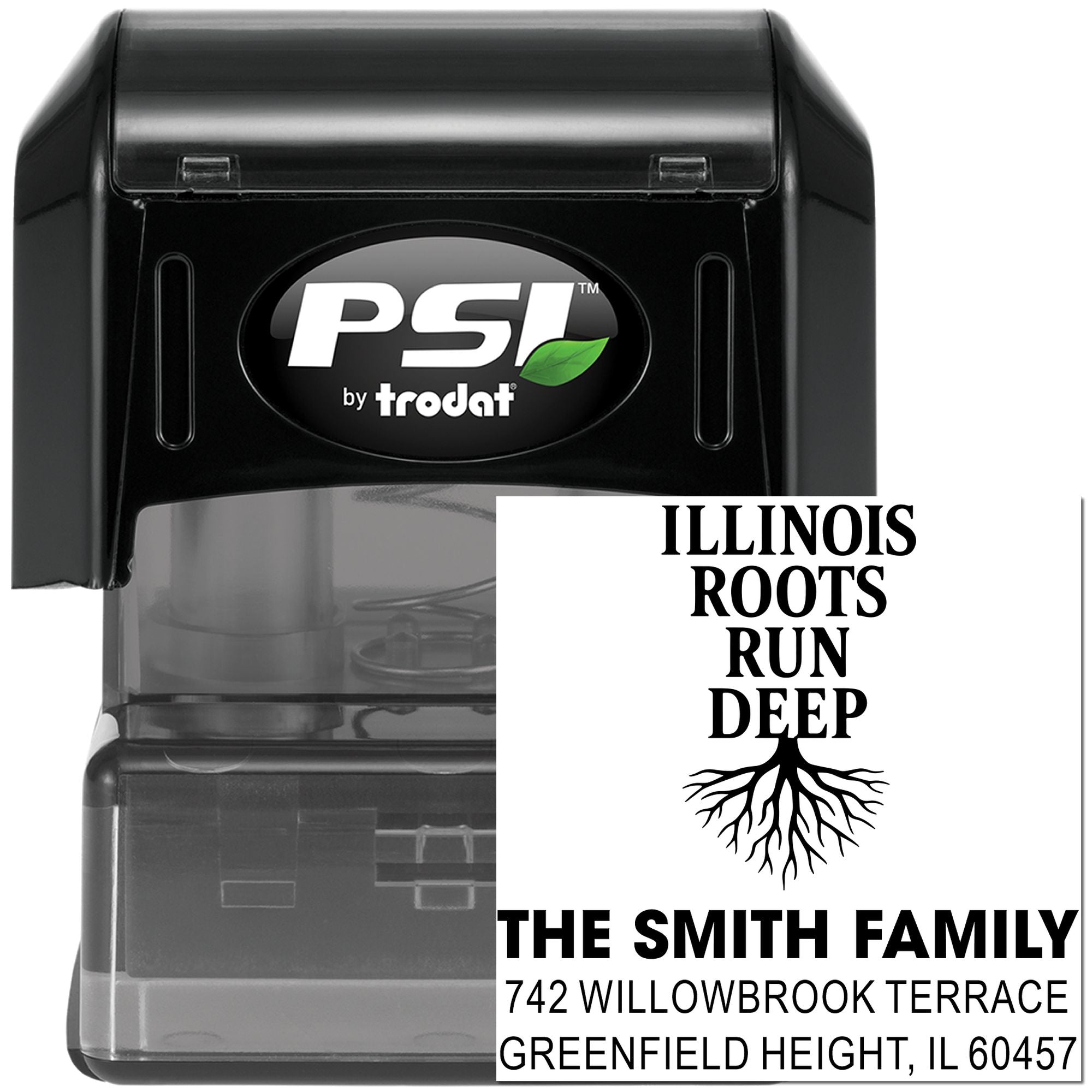 Custom self-inking rubber stamp with Illinois Roots Run Deep family address design by PSI by Trodat.