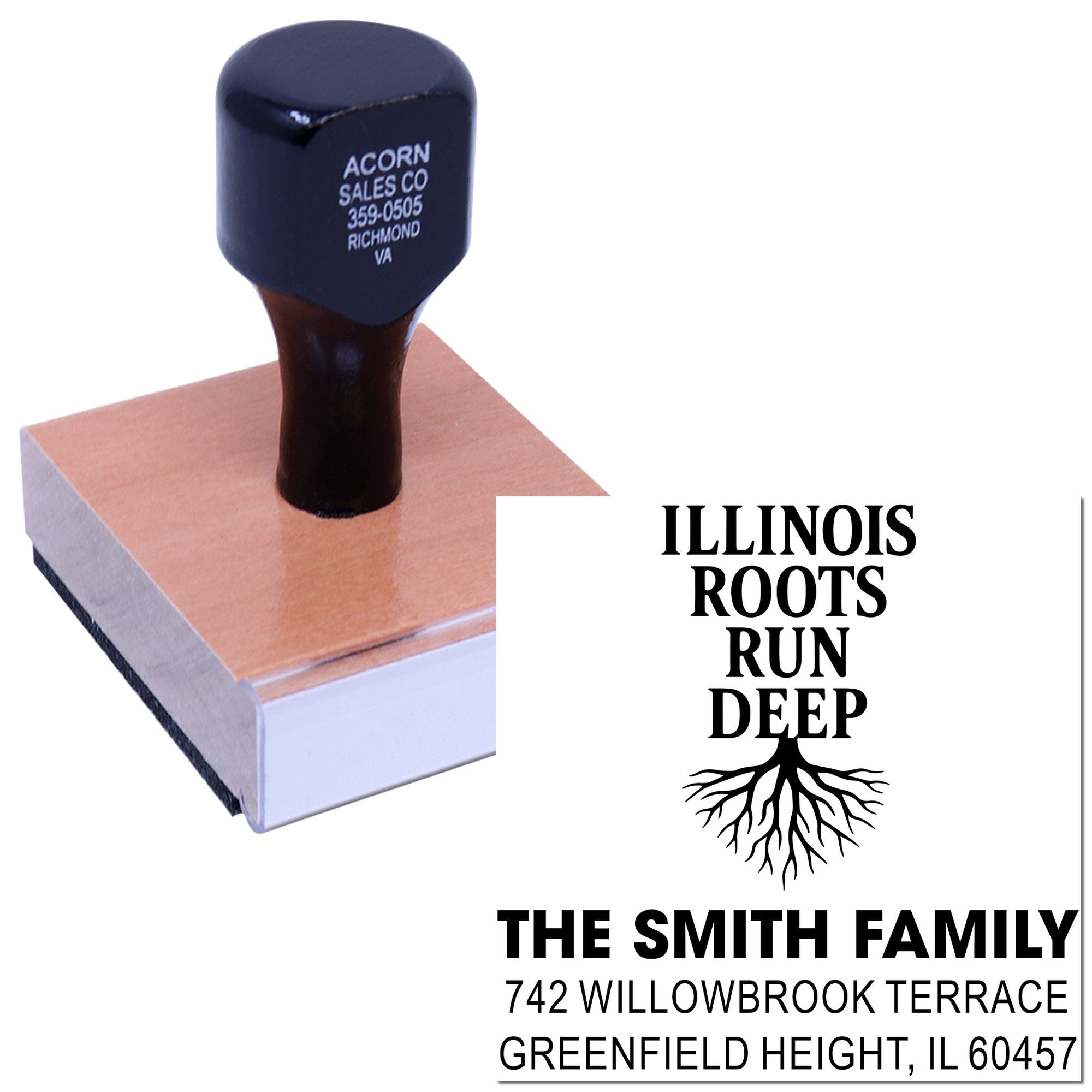 Custom rubber stamp with Illinois Roots Run Deep design, The Smith Family name, and address for personalized mailing.