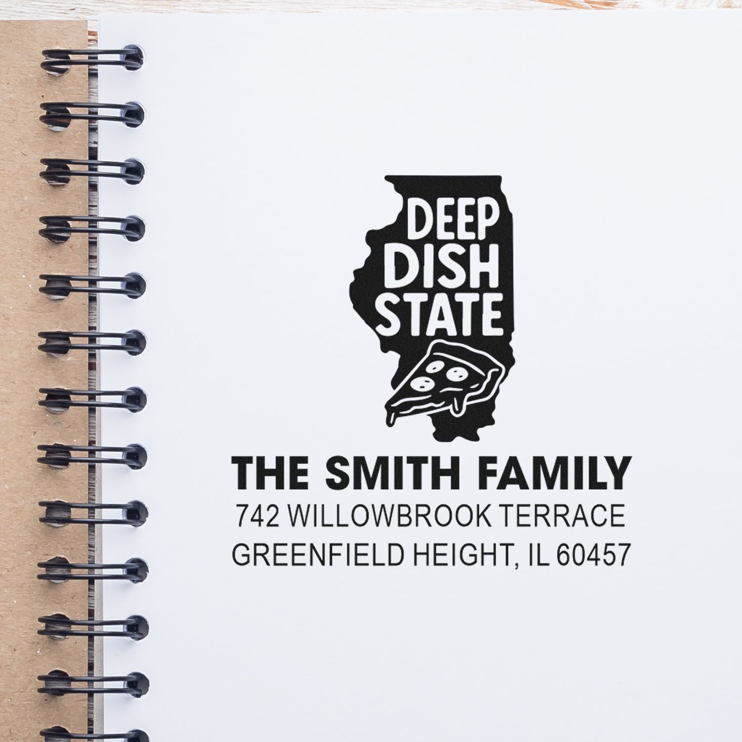 Custom return address rubber stamp with Illinois Deep Dish State logo, Smith family name, and Greenfield Heights, IL address.