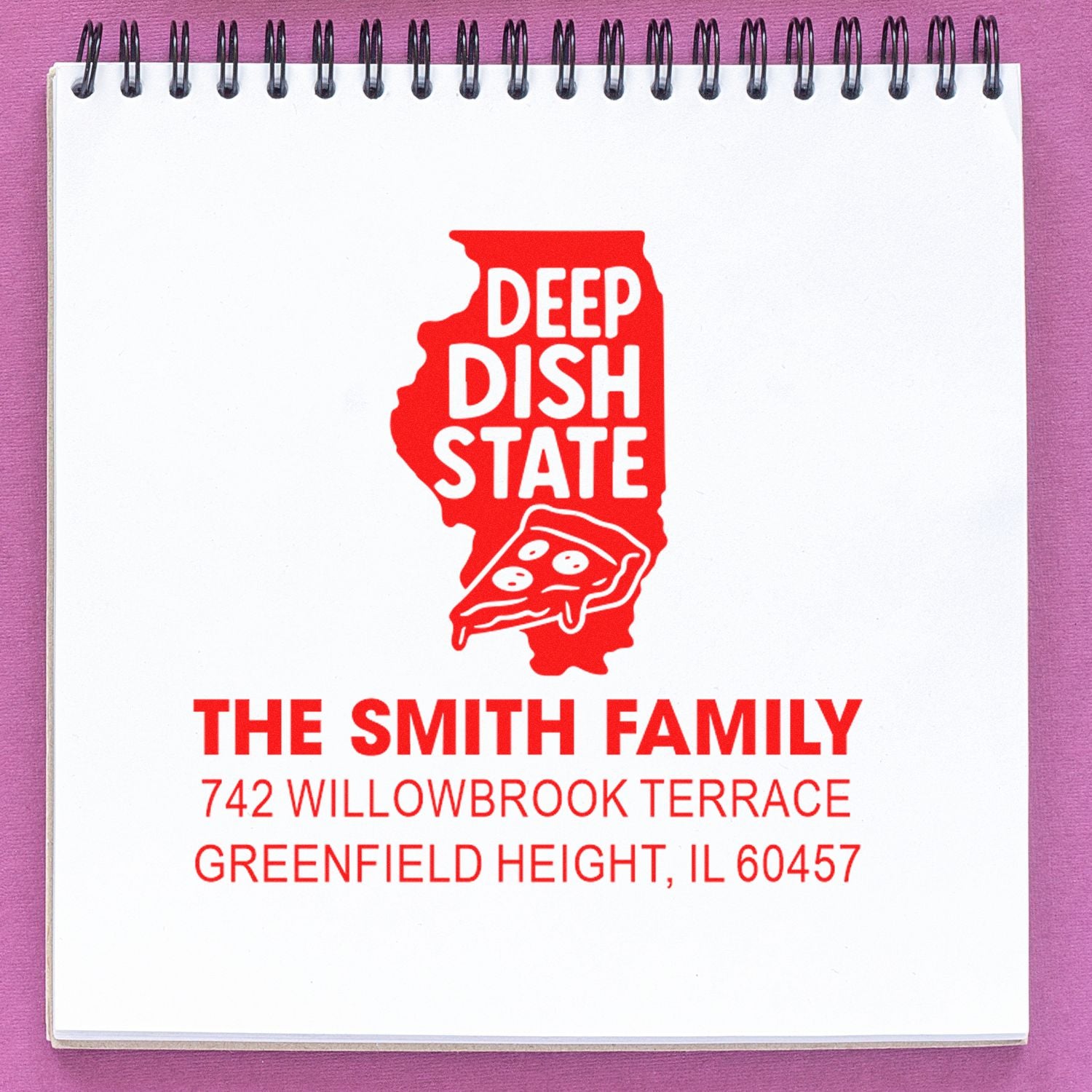 Custom rubber stamp return address design with Illinois Deep Dish State logo for The Smith Family, Greenfield Heights, IL