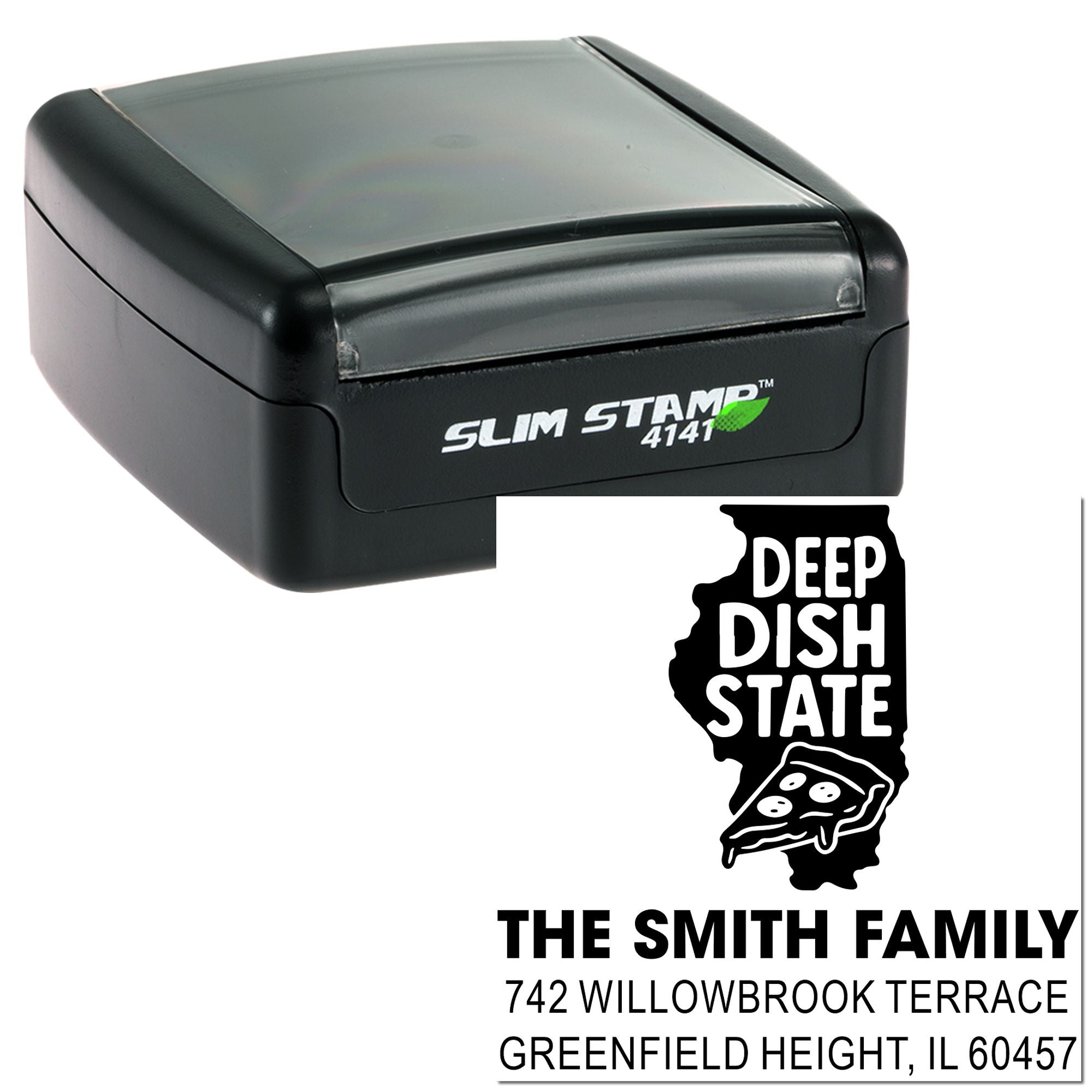 Slim Stamp self-inking rubber stamp with custom Illinois Deep Dish State address imprint for The Smith Family.