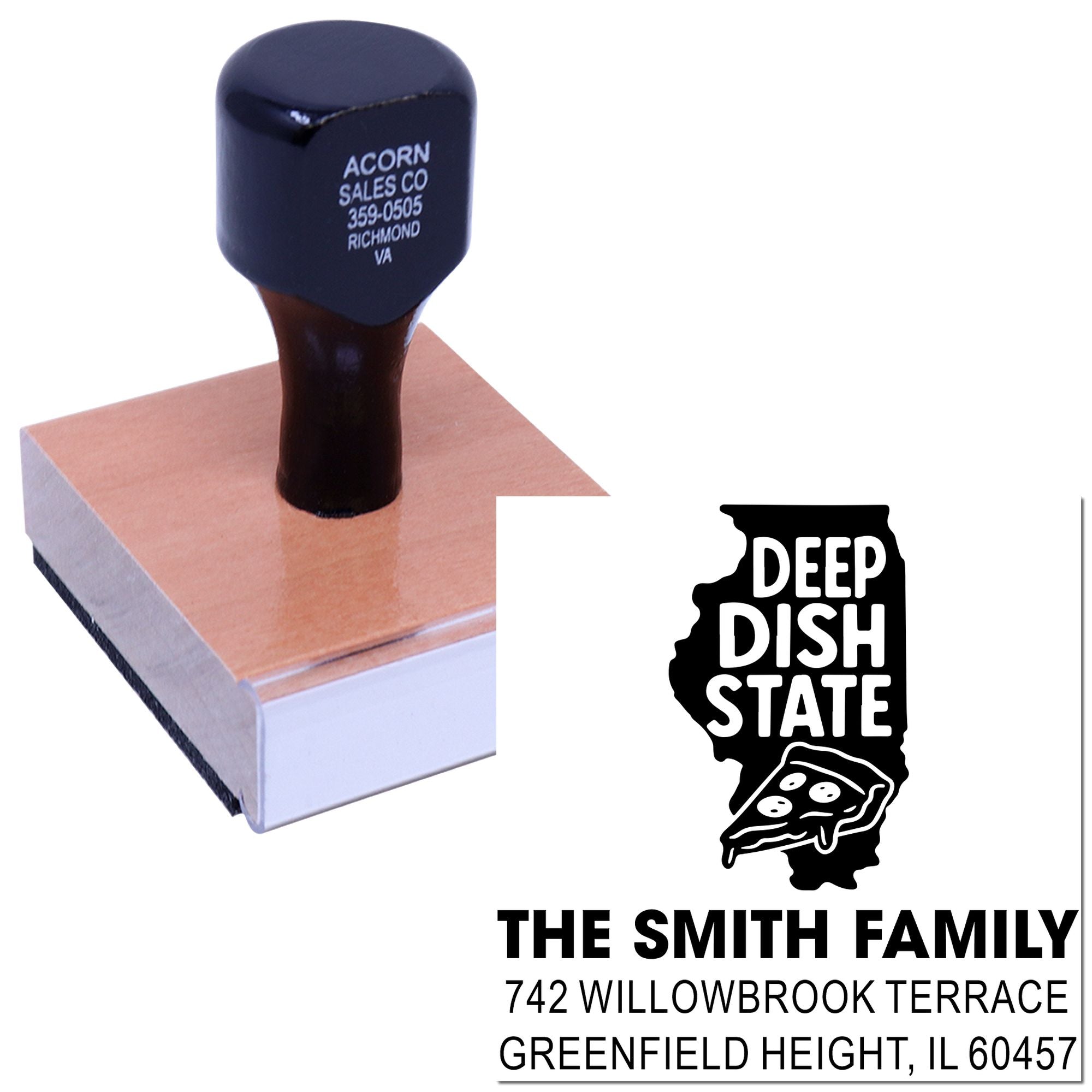 Custom Illinois return address rubber stamp featuring Deep Dish State pizza design for The Smith Family.