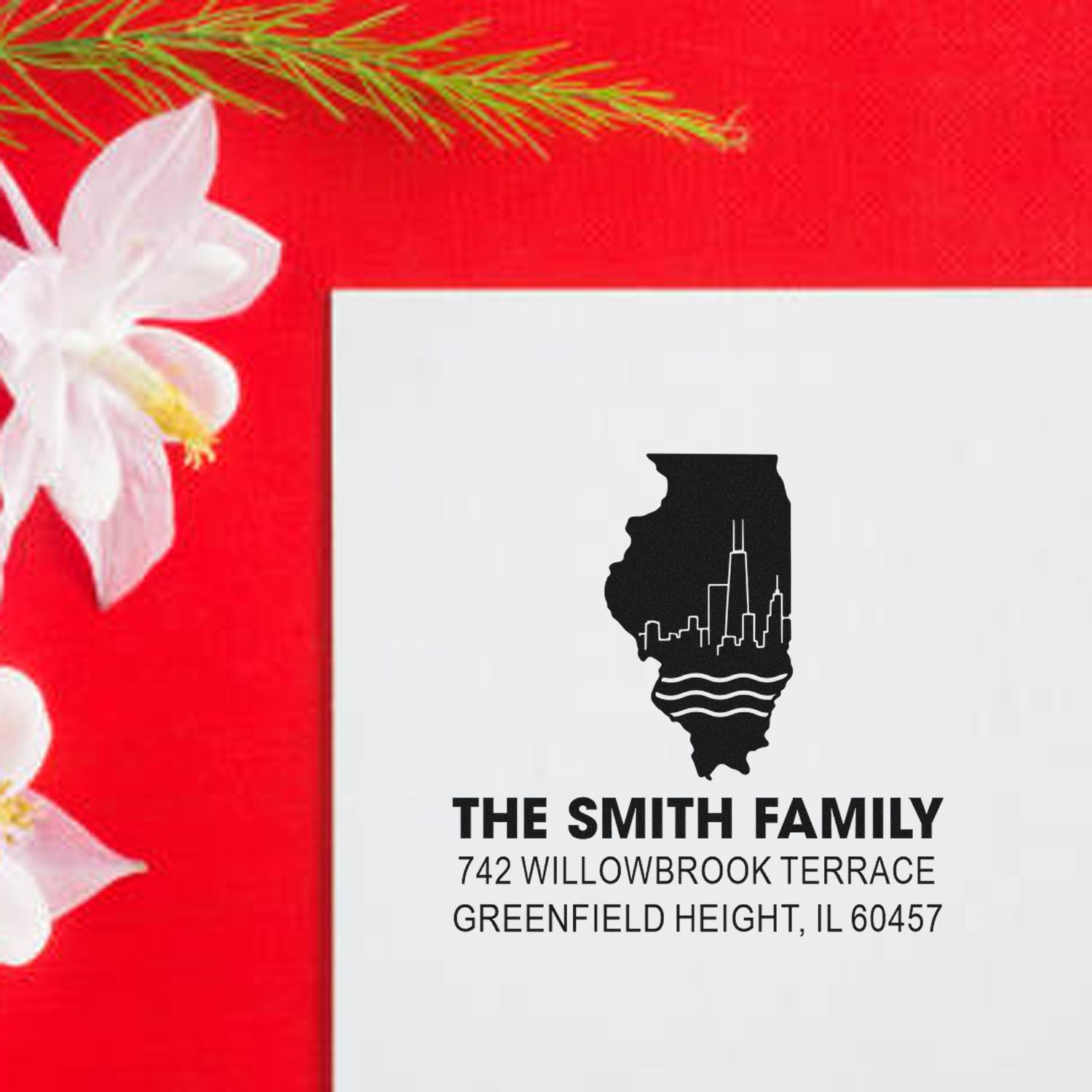 Personalized return address rubber stamp with Illinois skyline for Smith family holiday mail