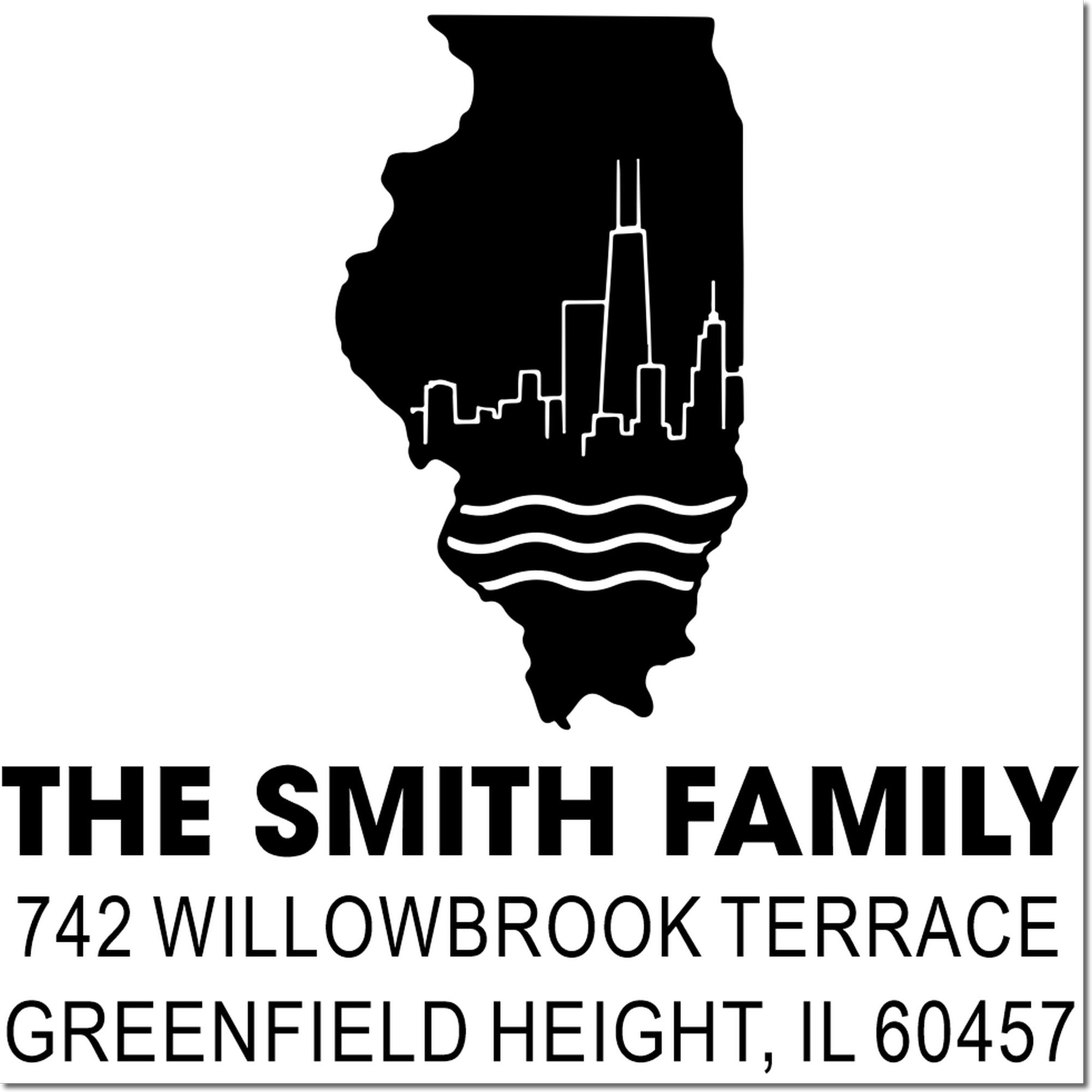 Custom Illinois return address rubber stamp with Chicago skyline for The Smith Family, 742 Willowbrook Terrace, Greenfield Height, IL 60457