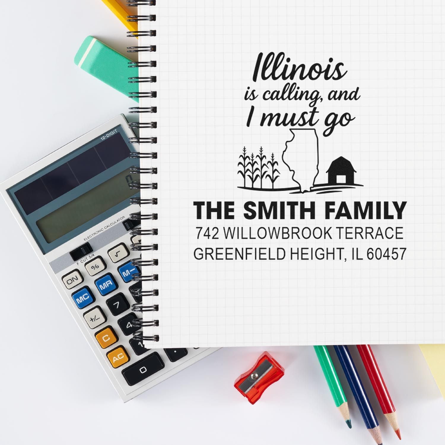 Personalized Illinois return address rubber stamp with family name, address, and Illinois is calling and I must go design.