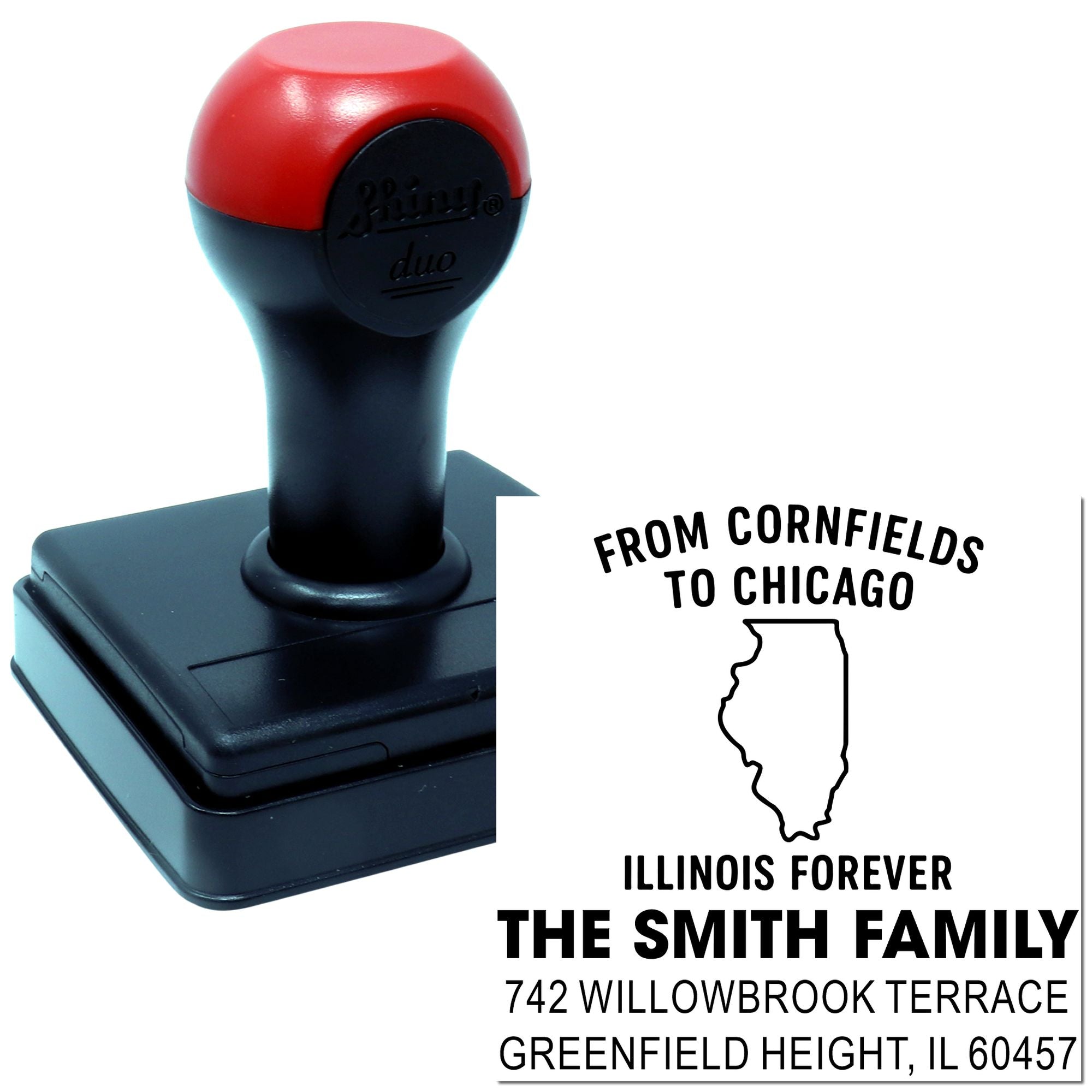 Custom self-inking Illinois family address rubber stamp with state pride design and From Cornfields to Chicago imprint.
