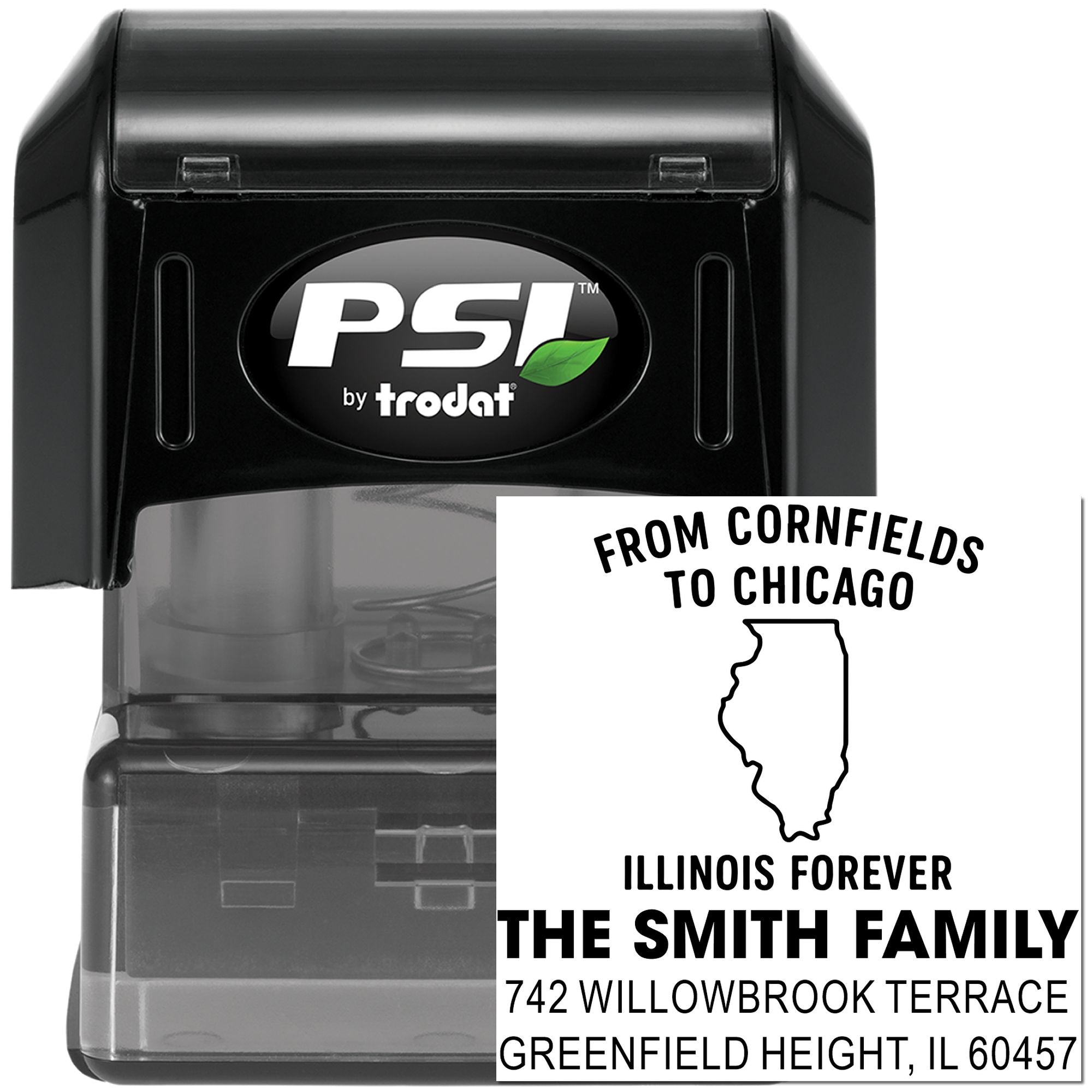 Custom self-inking rubber address stamp by PSI/Trodat with Illinois family return address design