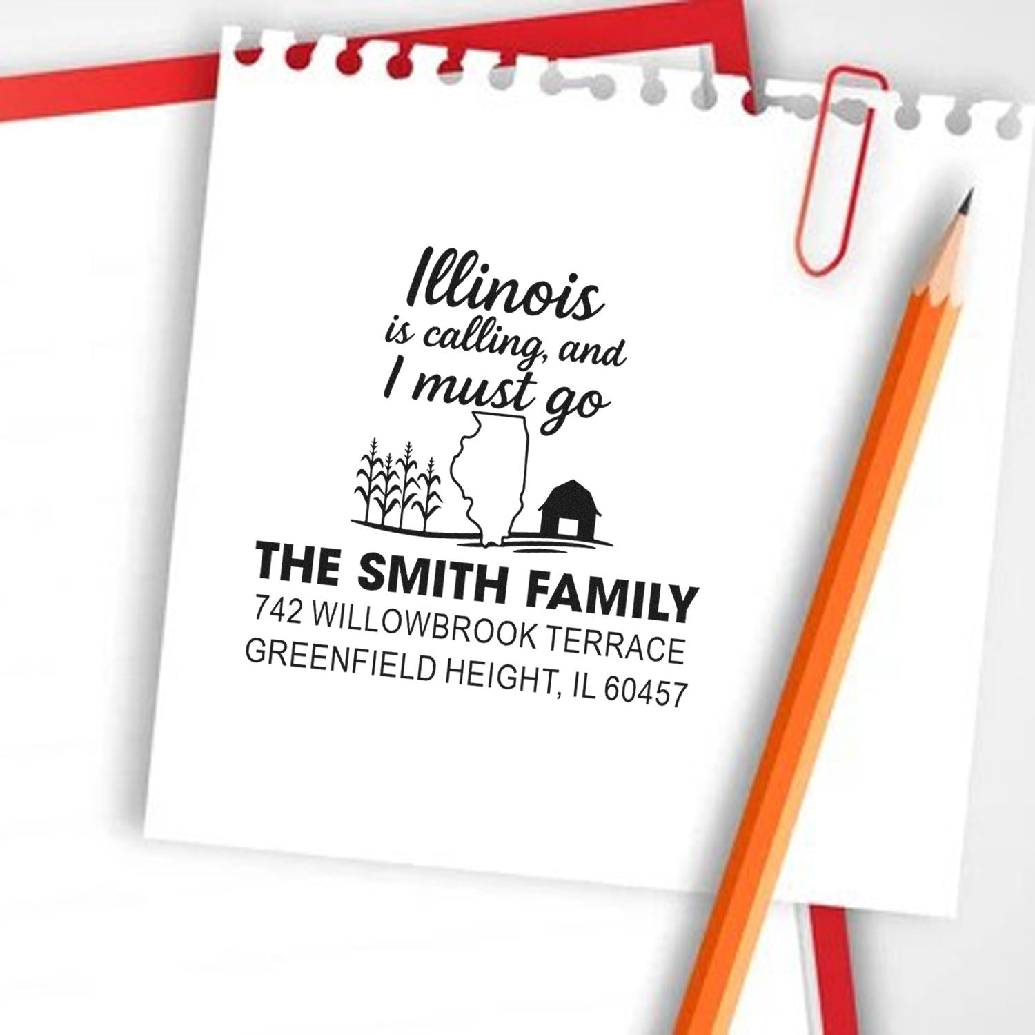 Custom Illinois return address rubber stamp for The Smith Family, featuring personalized mailing details and state-themed design.