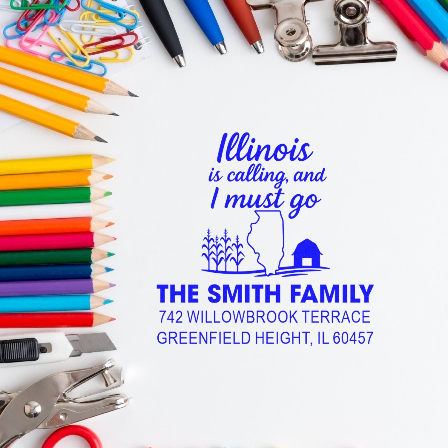 Personalized Illinois return address rubber stamp with family name, address, and custom Illinois is calling design.